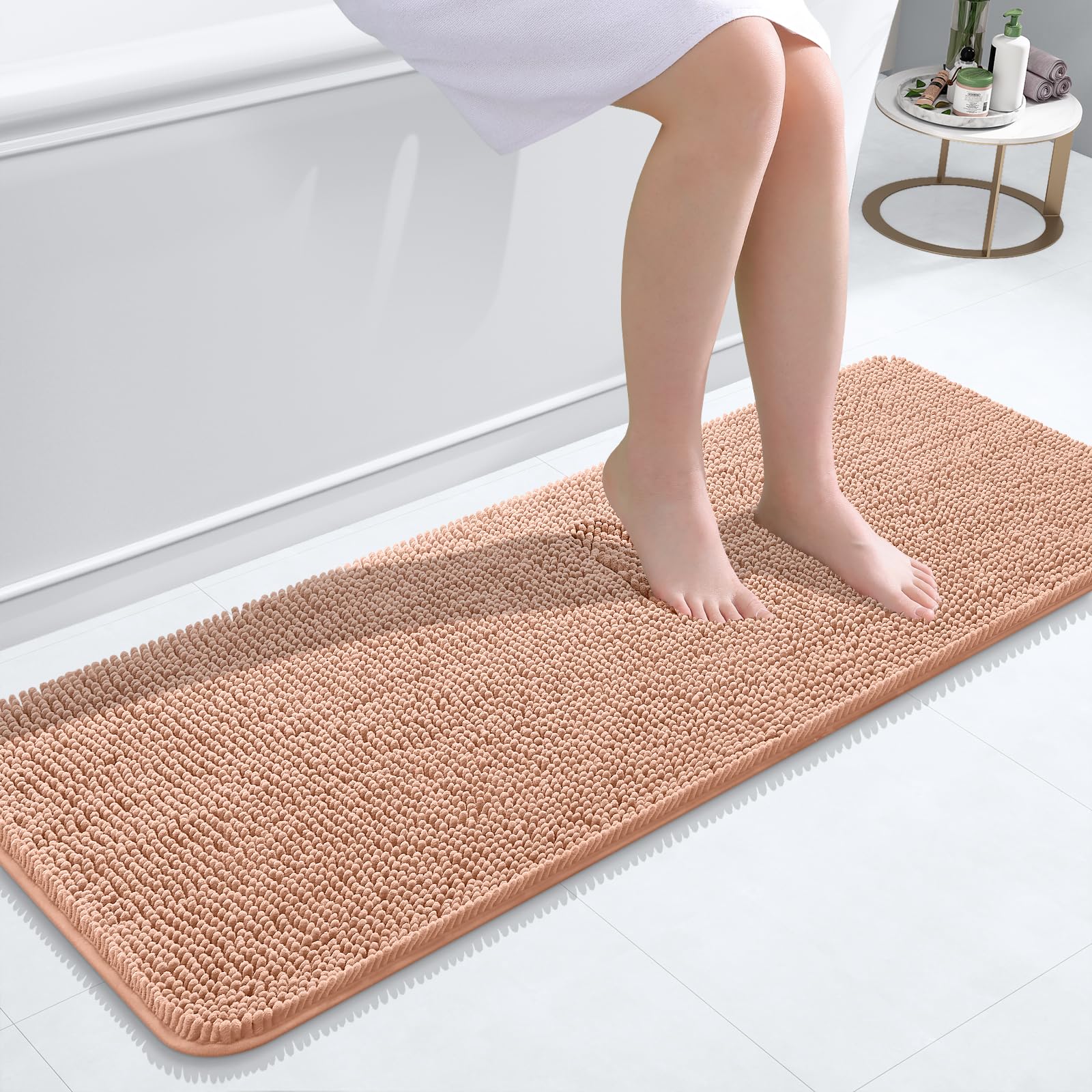 OLANLY Bathroom Runner Rugs 47x17, Extra Soft Absorbent Chenille Bath Rugs | Peach, Quick-Drying Rubber Backing, Machine Washable Long Bath Mat for Bathroom Floor, Tub and Shower, Home Decor Accessories