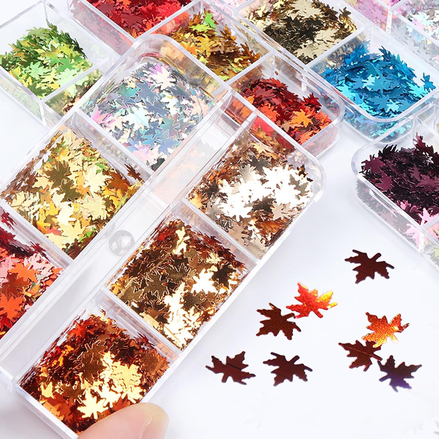 6 Grids 3D Maple Leaf Glitter Nail Sequins Red Gold Leaf Nail Art Flakes Autumn Leaf Glitter Nail Art Accessories Nail Art Design Supplies for Manicure Decorations DIY Crafts