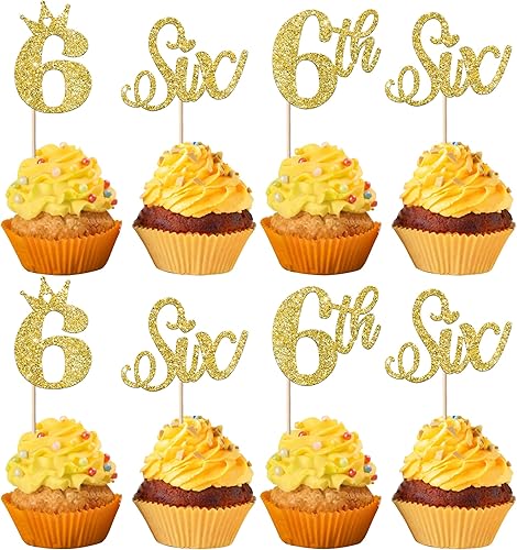 Paquete de 24 adornos para cupcakes de 6 cumpleaños con purpurina para seis cumpleaños, selecciones de sexto cumpleaños con corona, decoraciones de