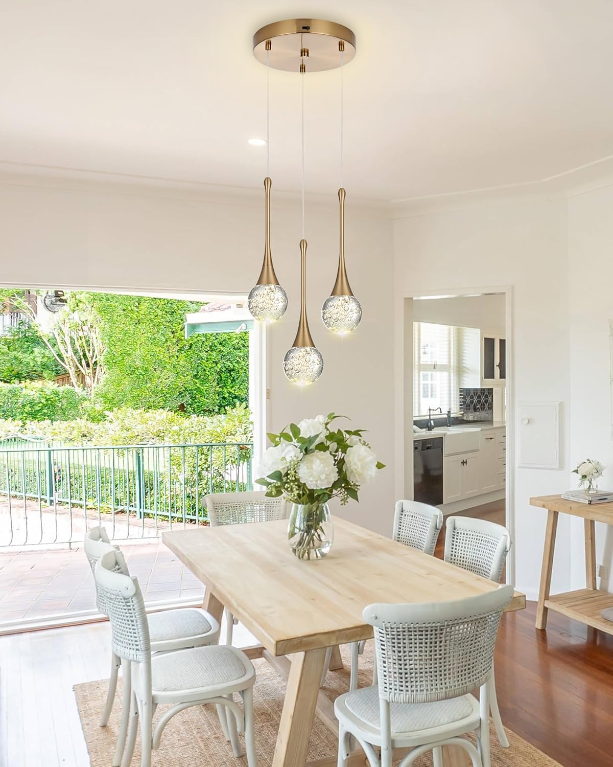 VINLUZ 3-Light Crystal Brushed Gold Chandelier, Dimmable LED Bubble Raindrop Round Ceiling Lighting Fixture, Luxury Glam Adjustable Spiral Pendant Light for Staircase Foyer Entryway