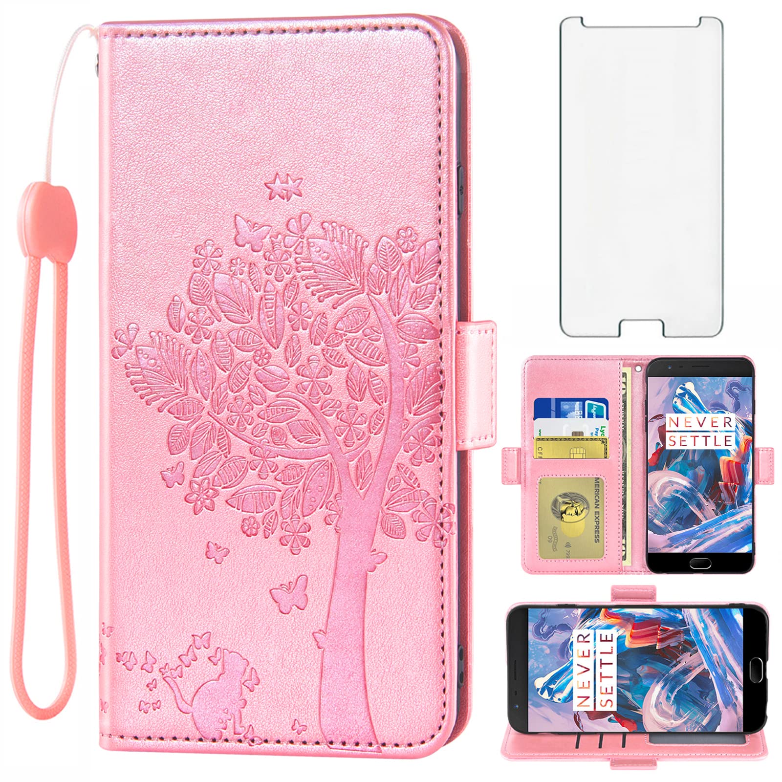 AsuwishCompatible with OnePlus 3 3T A3000 Wallet Case Tempered Glass Screen Protector Flip Wrist Strap Card Holder Cell Phone Cover for OnePlus3 OnePlus3T 1 One Plus T 1plus T3 1+ 1+3T 1+3 Rose Gold