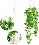 Dahey Fake Hanging Plants Artificial Decor Macrame Hanger with Artificial Vines in Pots Greenery for Wall Ceiling Bedroom Bathroom Indoor Home Decor, 1 Pack