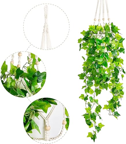 Miniatura 5 de Dahey Cesta de almacenamiento moderna de cuerda de algodón empalmada de yute y plantas colgantes falsas, decoración artificial de macramé con vides