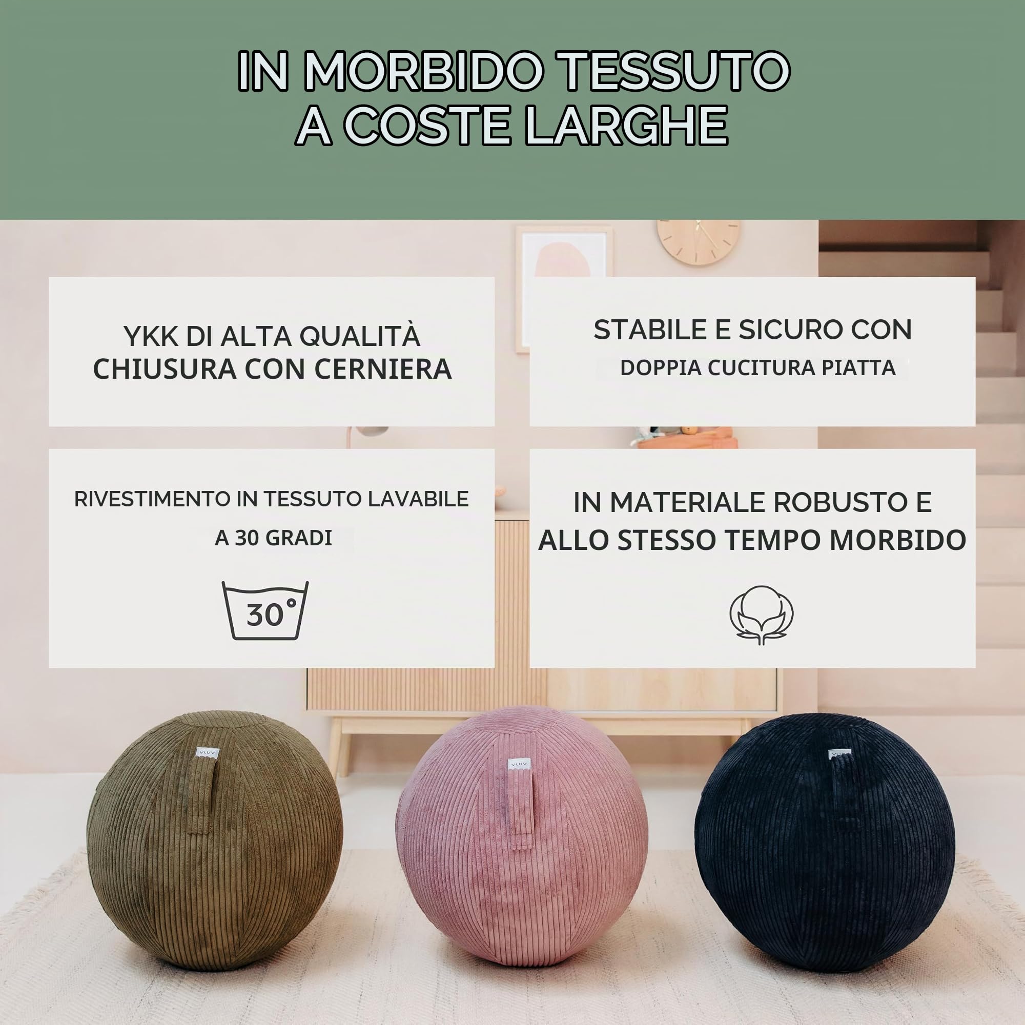 VLUV® BOL VLIP - Palla da seduta ergonomica, traspirante, con manico e protezione antirotolamento, rivestimento in tessuto lavabile, per gravidanza, 65 cm