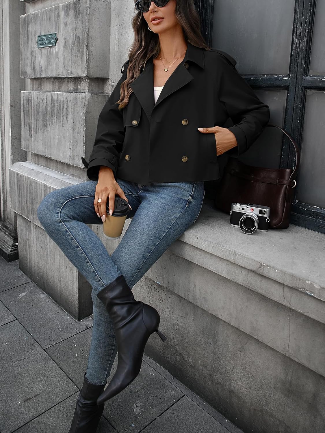 Women's Cropped Trench Coat Lapel Long Sleeve Button Down Crop Jacket Double Breasted Oversized Jacket - Image 6