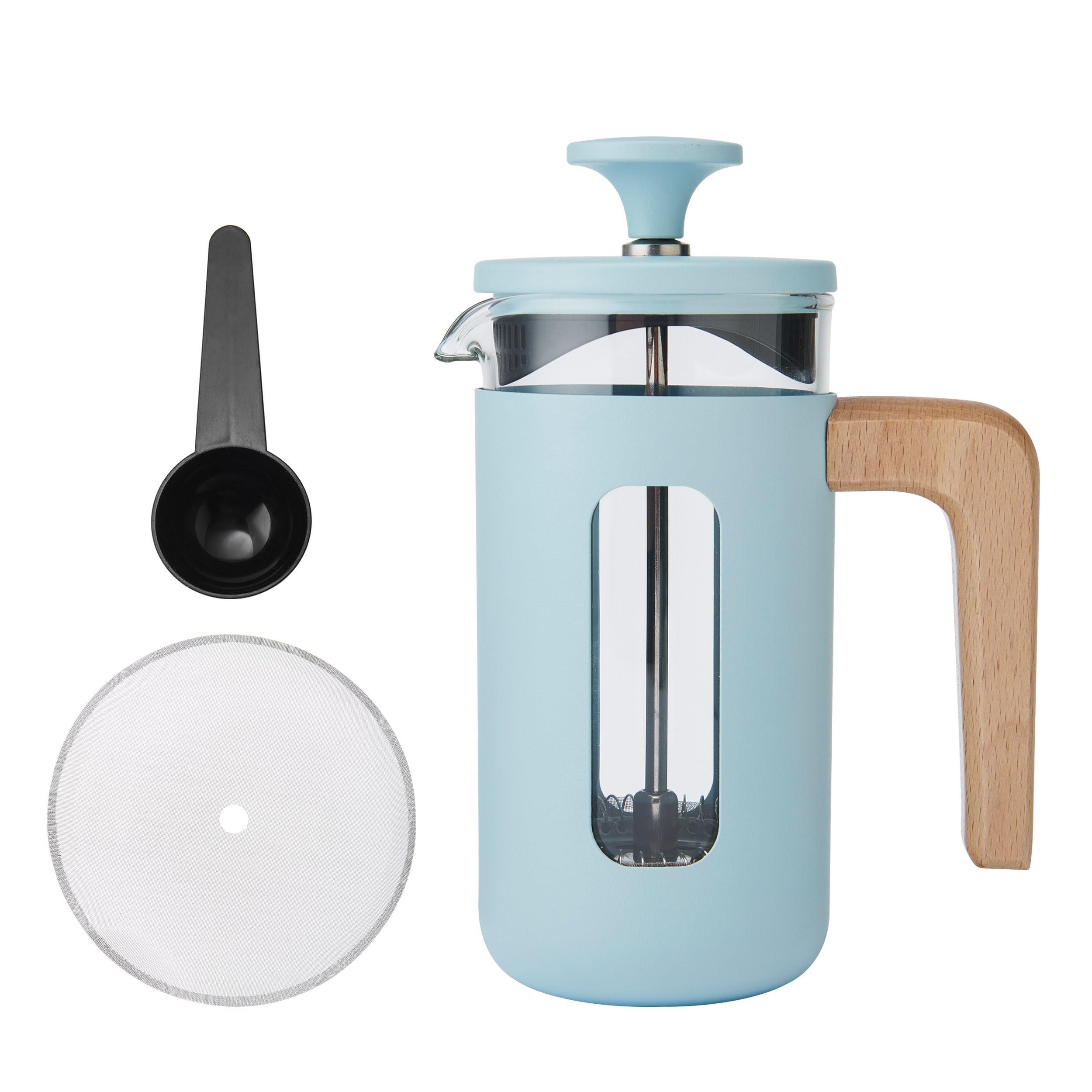 La Cafetière Pisa 3 Cup Cafetière In Sky Blue, Durable Stainless Steel Frame and Plunger, Heat Resistant French Press With Stylish Natural Wood Handle, Versatile Coffee Plunger, 350ml