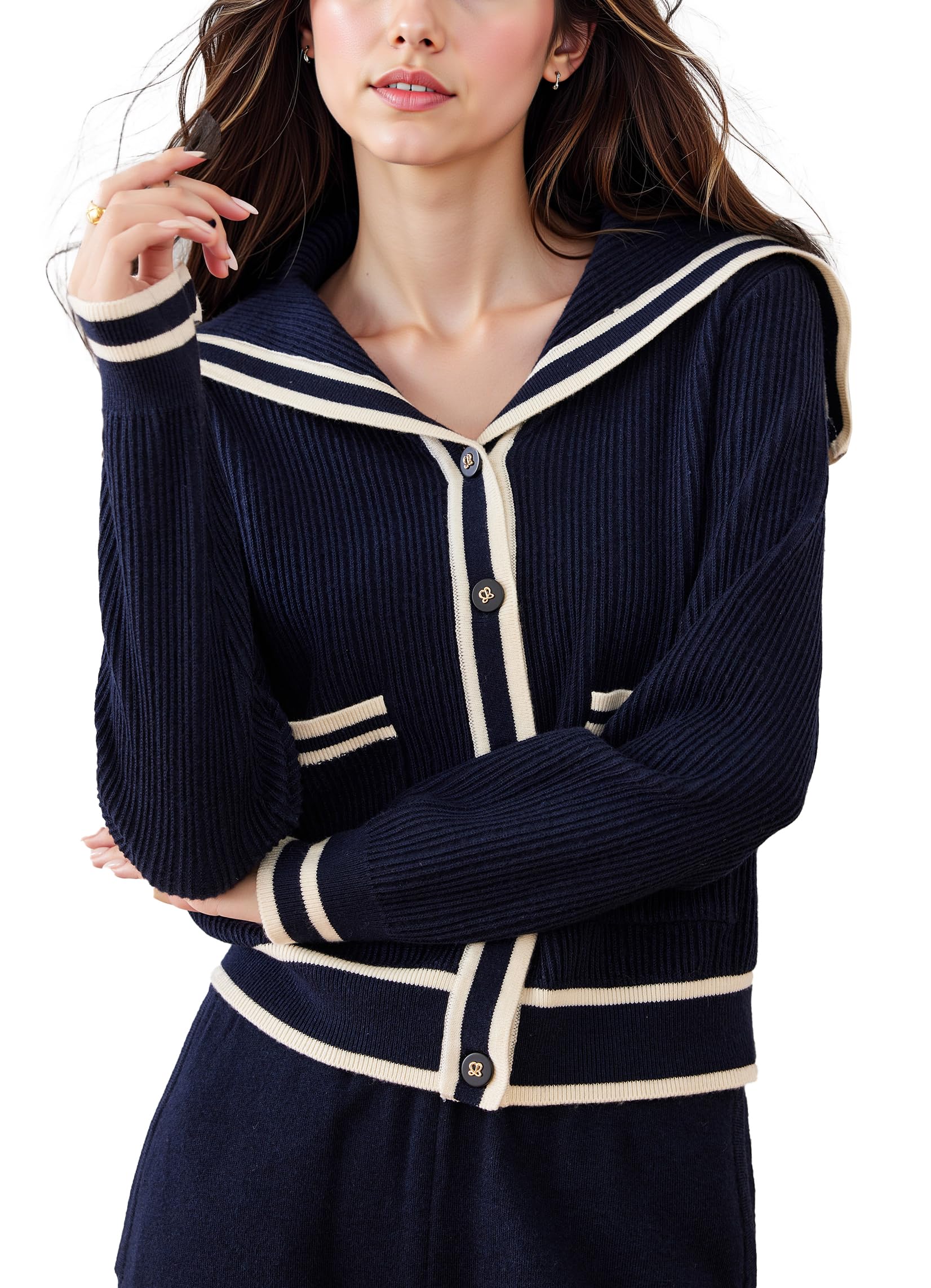 LAI MENG FIVE CATS Womens Sailor Collar Long Sleeve V-Neck Stripe Button Knit Top Shirt Blouse Sweater