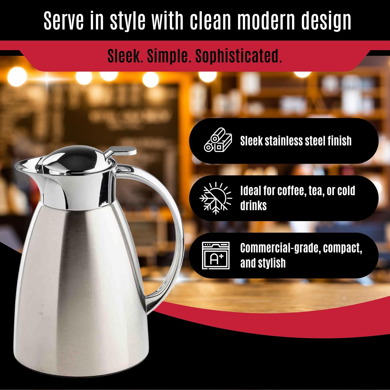 TableCraft 12674 34 oz (1L) Stainless Steel Coffee Carafe, Brushed Stainless Steel with PVD Finish, Vacuum Insulated, Lightweight Leak Proof Coffee Dispenser, For Cafes, Restaurants & Catering