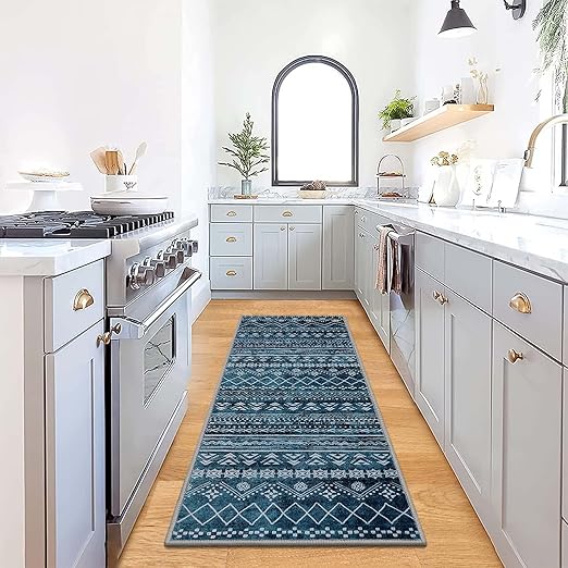 Beeiva Washable Laundry Room Rugs, Bohemian Blue Rug