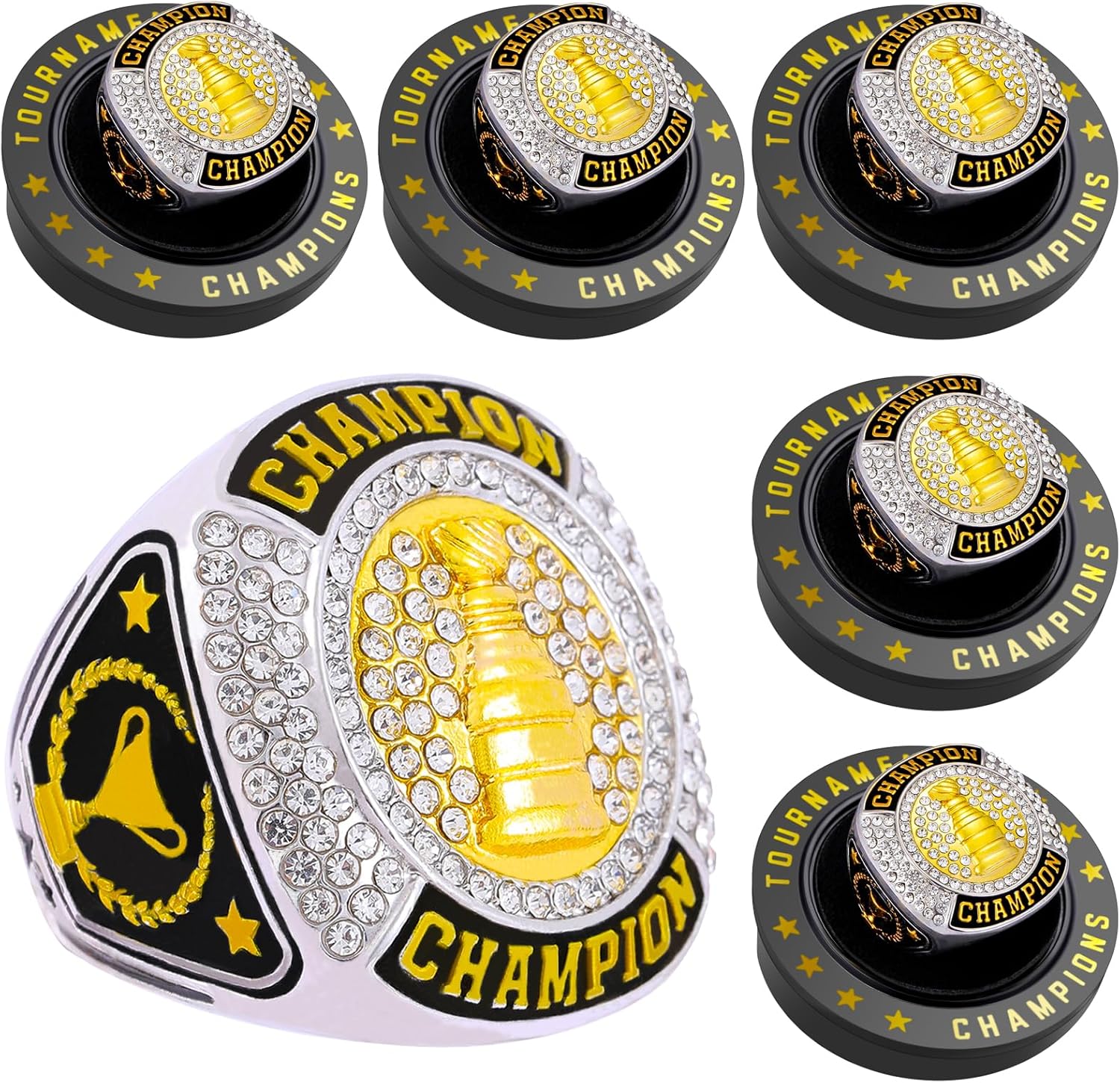 12 Pcs Hockey Championship Ring Hockey Ring Sport Ball Trophy Award Gift with Display Neck Chain and Stand for Tournament or League Champion Winner