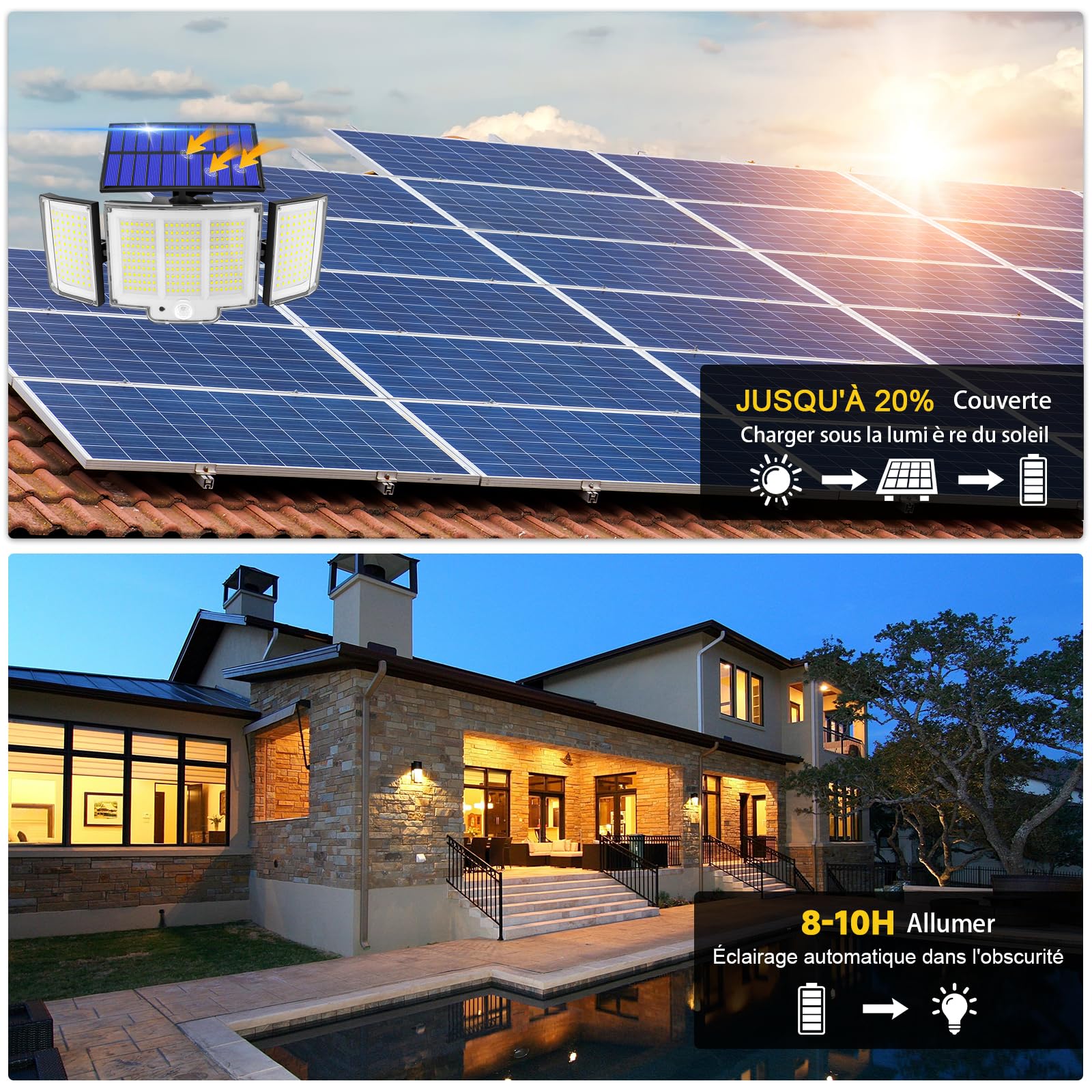Faretto LED Da Esterno Solare 348LED Faro Led Esterno Con Pannello Solare Con Accumulatore 270° Luci Solari Da Giardino 3 Modalità Faretti Solari a LED Da Esterno Lampione