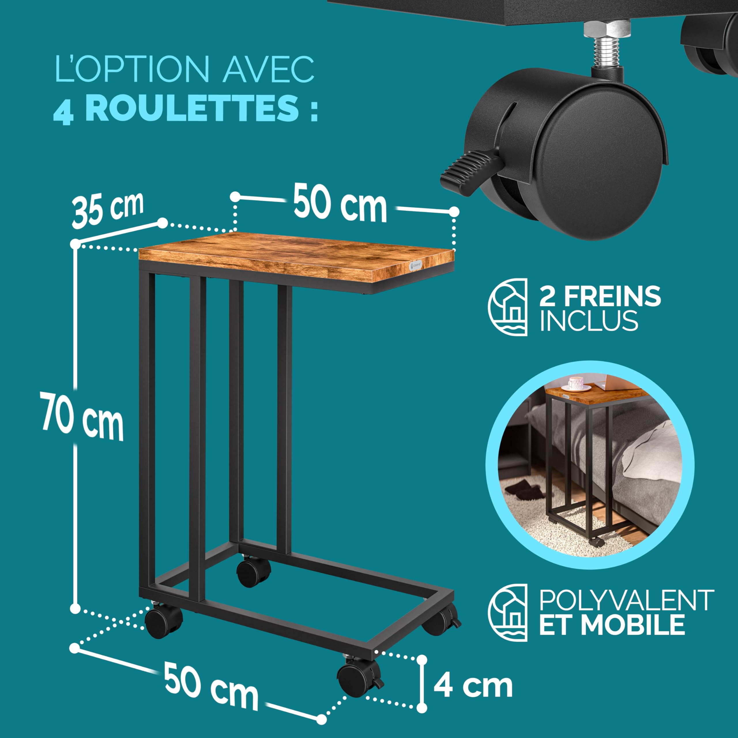 Casaria® Table d'appoint Bout de canapé avec roulettes Cadre en métal Noir Desserte de lit Support Ordinateur Portable pour Salon Bureau Chambre