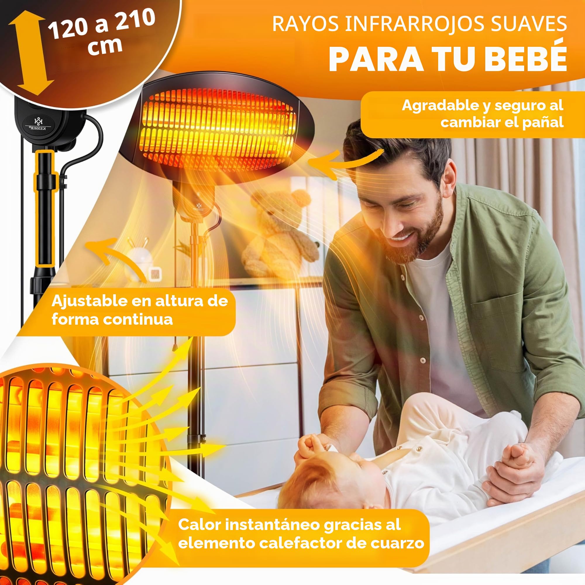 KESSER® Calefactor radiante 2000 vatios ✓ Infrarrojos ✓ de pie ✓ de patio ✓ Terraza ✓ Calefactor radiante ✓ Regulable en altura ✓