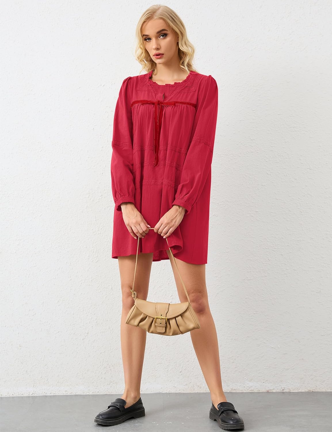 Women Flowy Long Puff Sleeve Mini Dress Casual Square Neck Lace Embroidered Babydoll Dress Bow Tie A-line Tunic Dress - Image 3