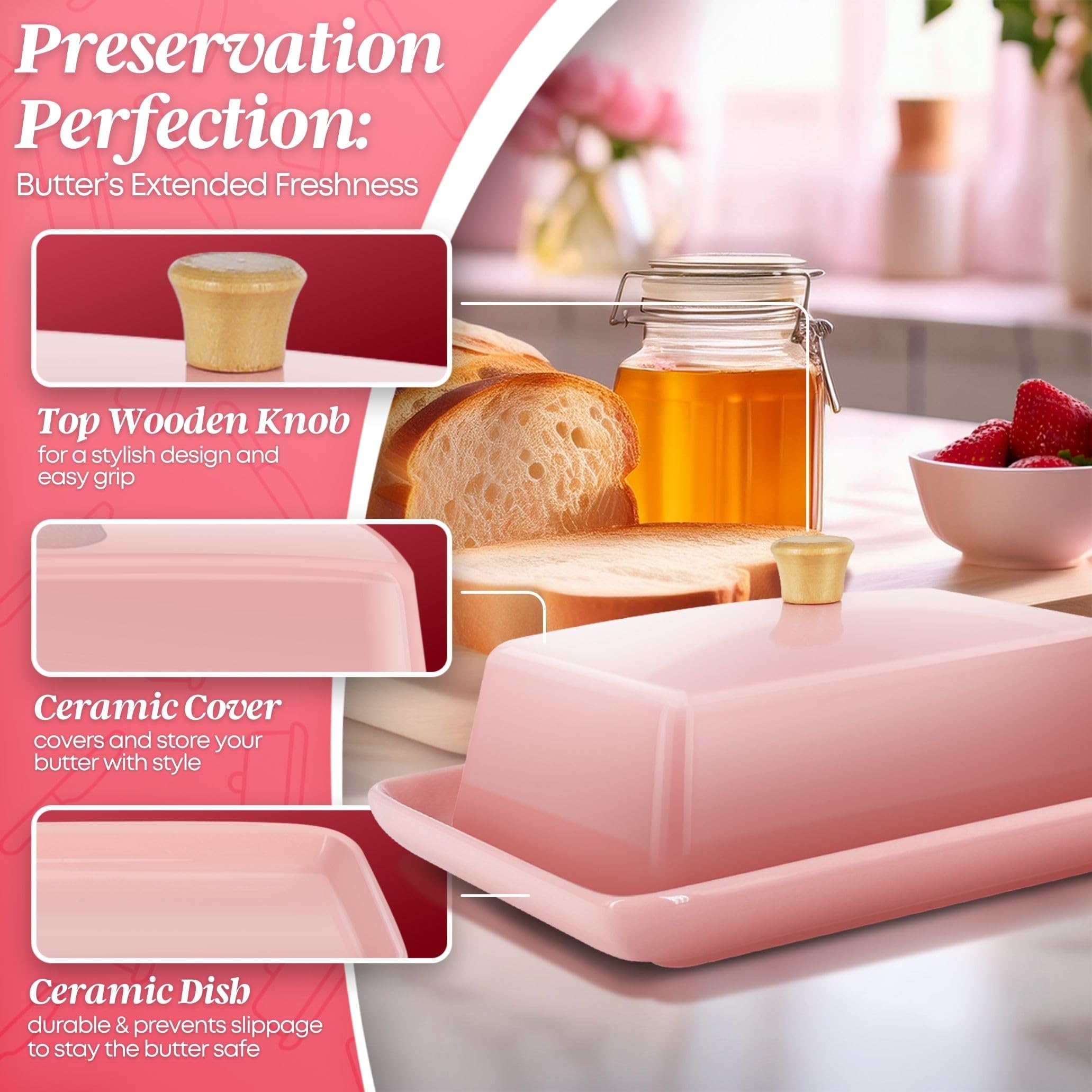Flexzion Beurrier Européen Rose en Céramique avec Couvercle pour Plan de Travail (18 cm) - Boîte Large Double Pour 2 Bâtonnets de Beurre, Conteneur de Fromage à la Crème