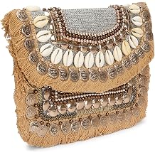 LONGING TO BUY Woven Clutch with Shell and Coin Embellishments, Chain Strap Crossbody Bag For Women