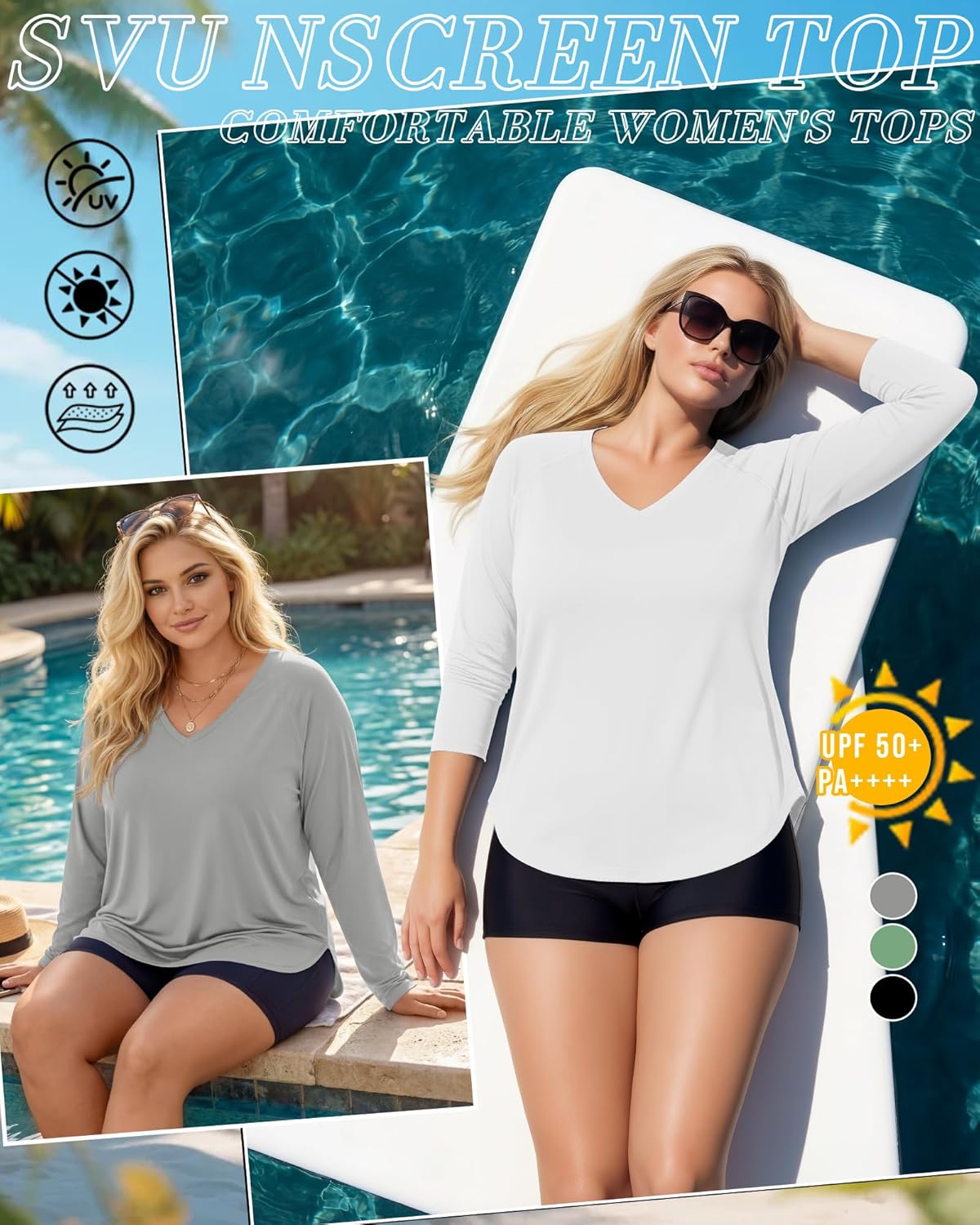 Evervibe 3 Pack Women's Plus Size Long Sleeve Rash Guards, UV Sun Protection Shirts Quick Dry V Neck Swim Tops Fishing Tee
