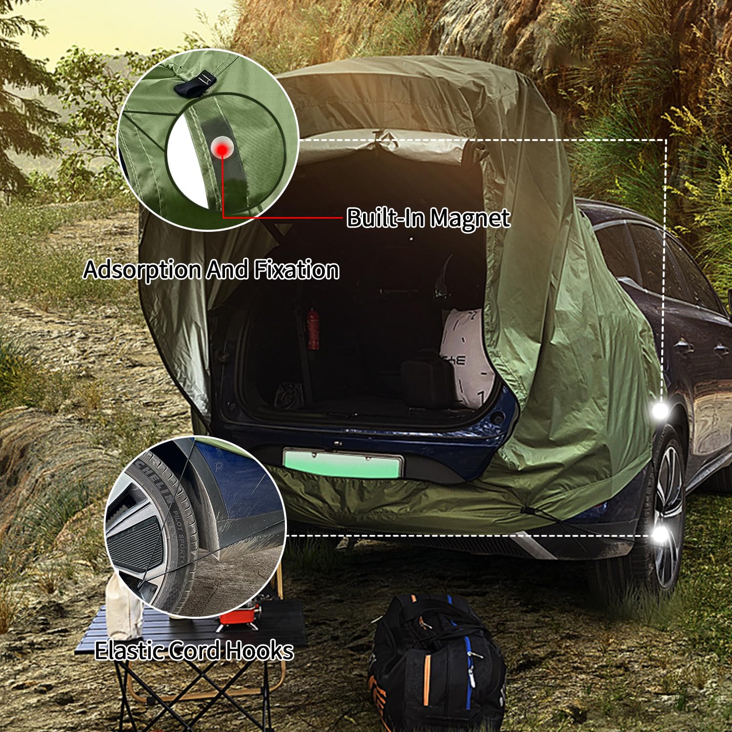 Tente arrière pour voiture avec moustiquaire, coupe-vent, protection solaire et étanche, tente de voiture, hayon, auvent de voiture pour SUV, auvent de voiture pour camping et aventure en plein