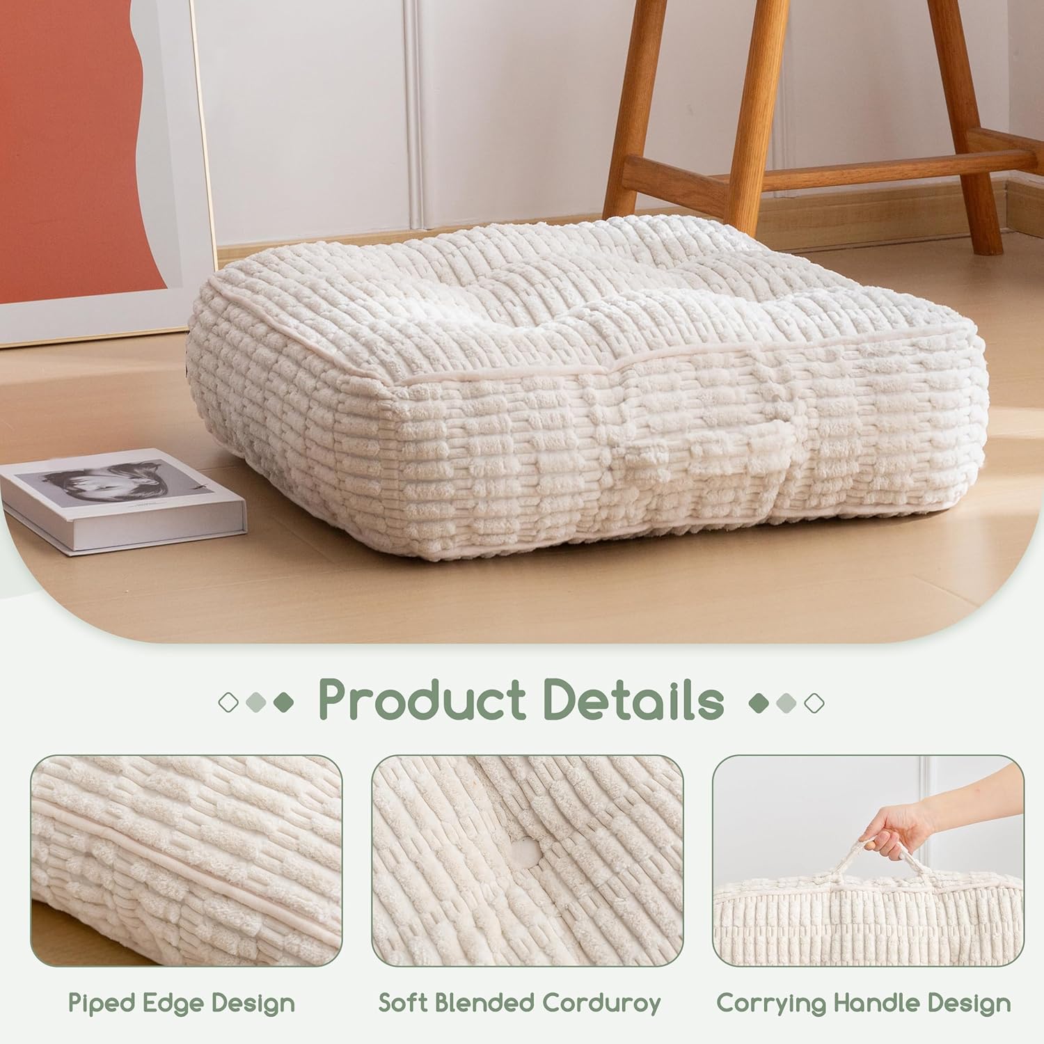 6" Washable Floor Pillow Cushion for Adults, Meditation Cushion Pillow, Removable Tufted Blended Corduroy Cover, Large Square Floor Sitting for Tatami Living Room or Yoga, 2Pack, Machine Washable