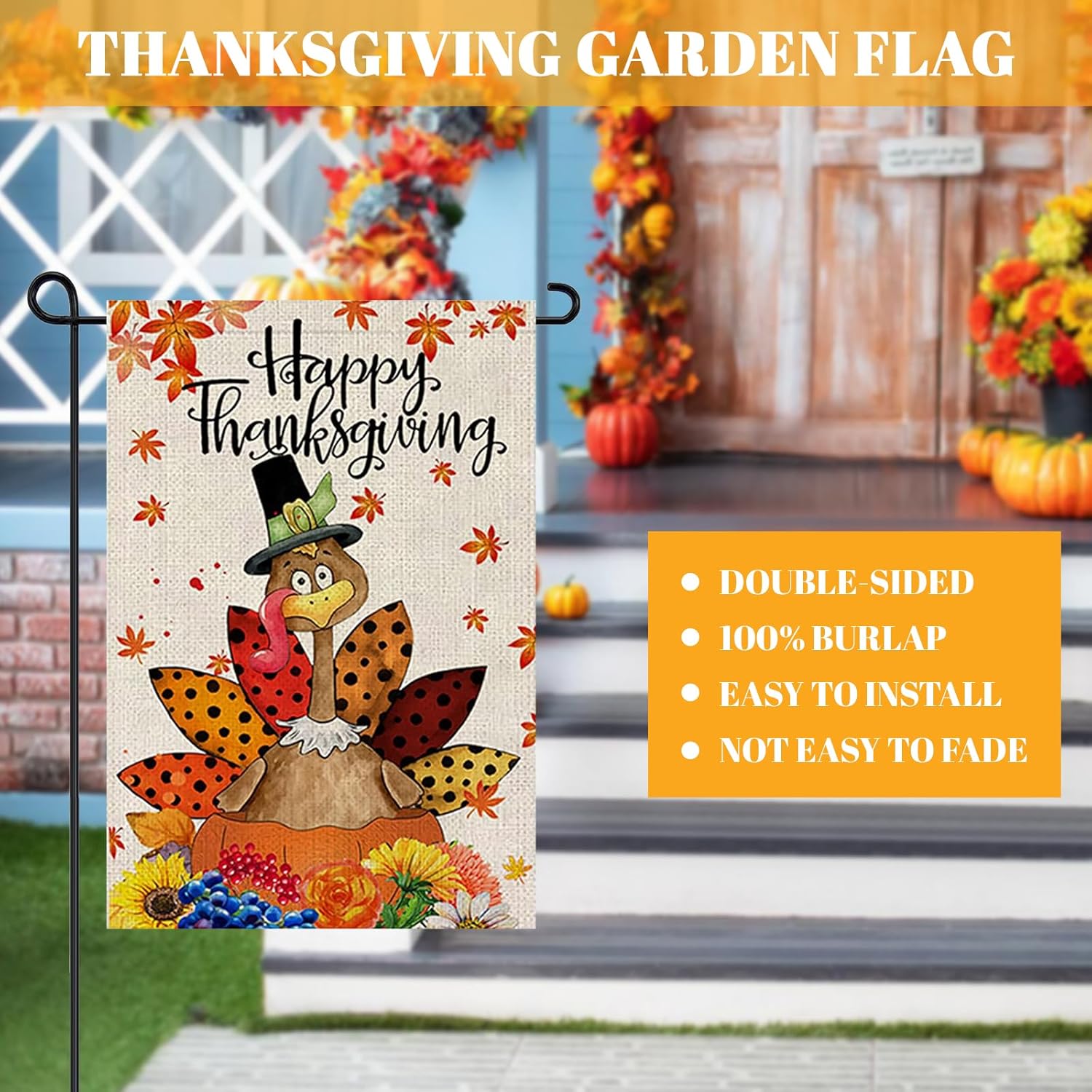 Happy Thanksgiving Garden Flag Vertical 12x18 Inch Double Sided Fall Style,Turkey Fall Garden Flag for Thanksgiving Day Harvest Autumn Yard Outdoor Decor - Image 2