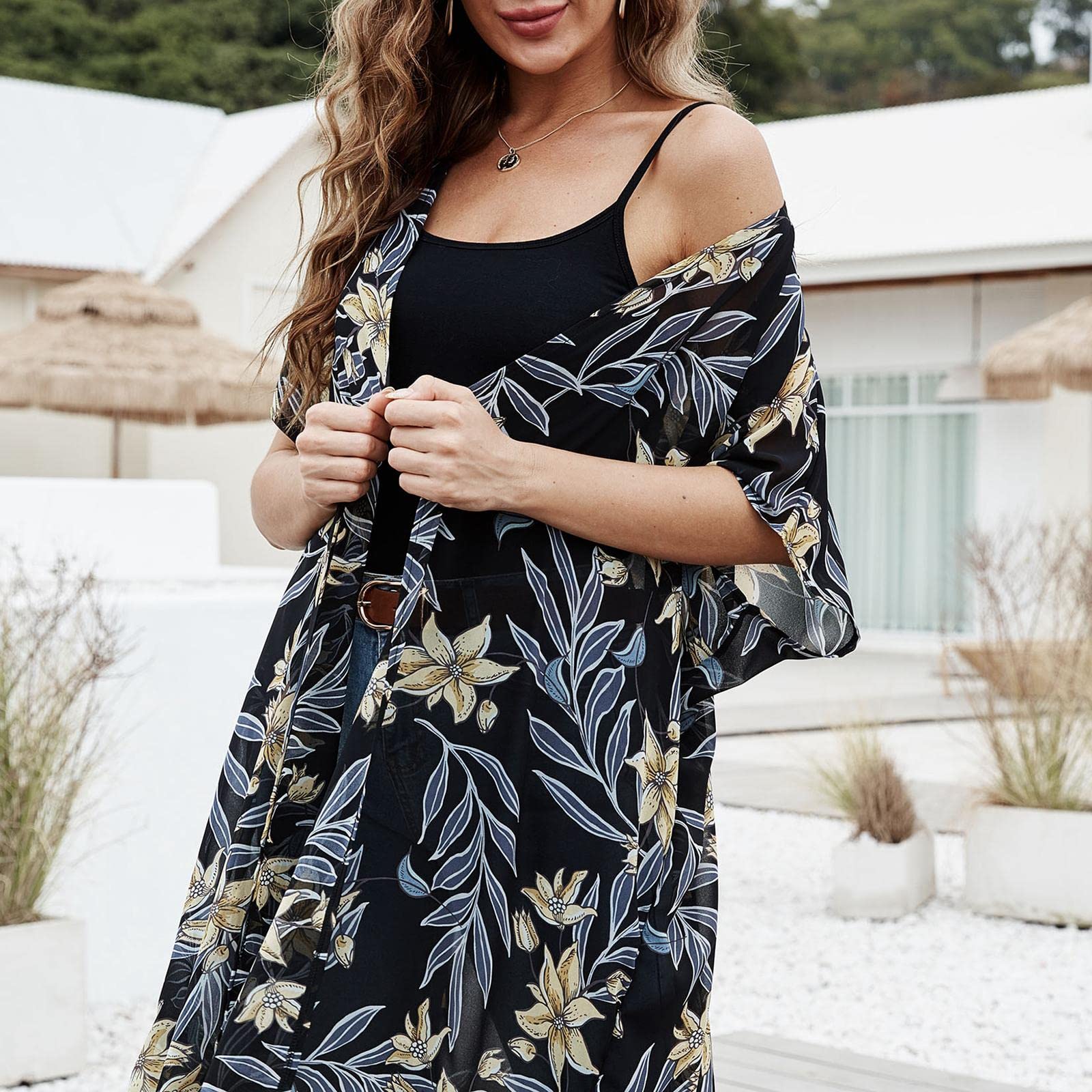 CALANDIS™ Summer Kimono Cardigan Open Front Tops Beach Swim Cover Ups 110x80cm Dark Yellow | Womens Clothing-image-35