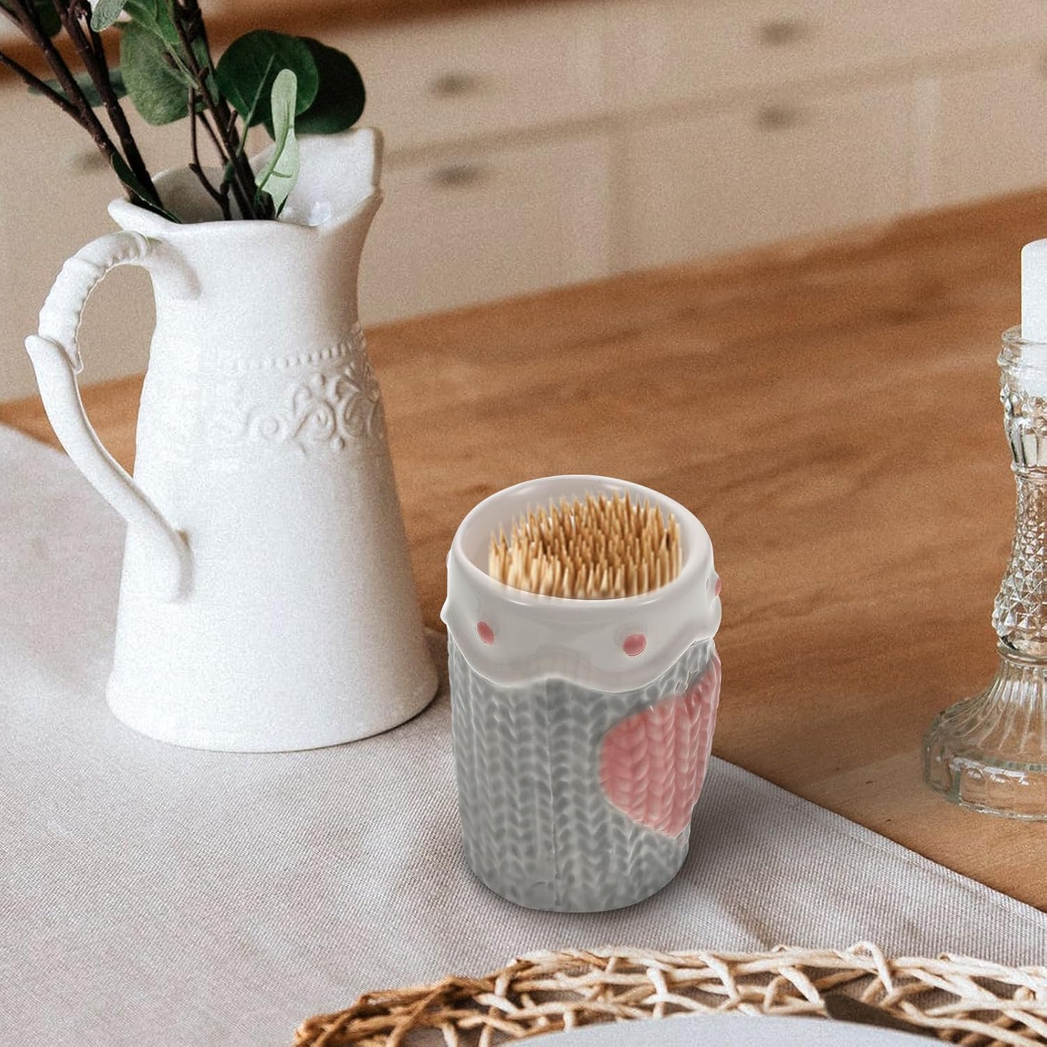 Ceramic Toothpick Jar with Embossed Heart Design, Light Gray Porcelain Toothpick Holder for Home Kitchen Storage and Decorative Tabletop Accessory image 4