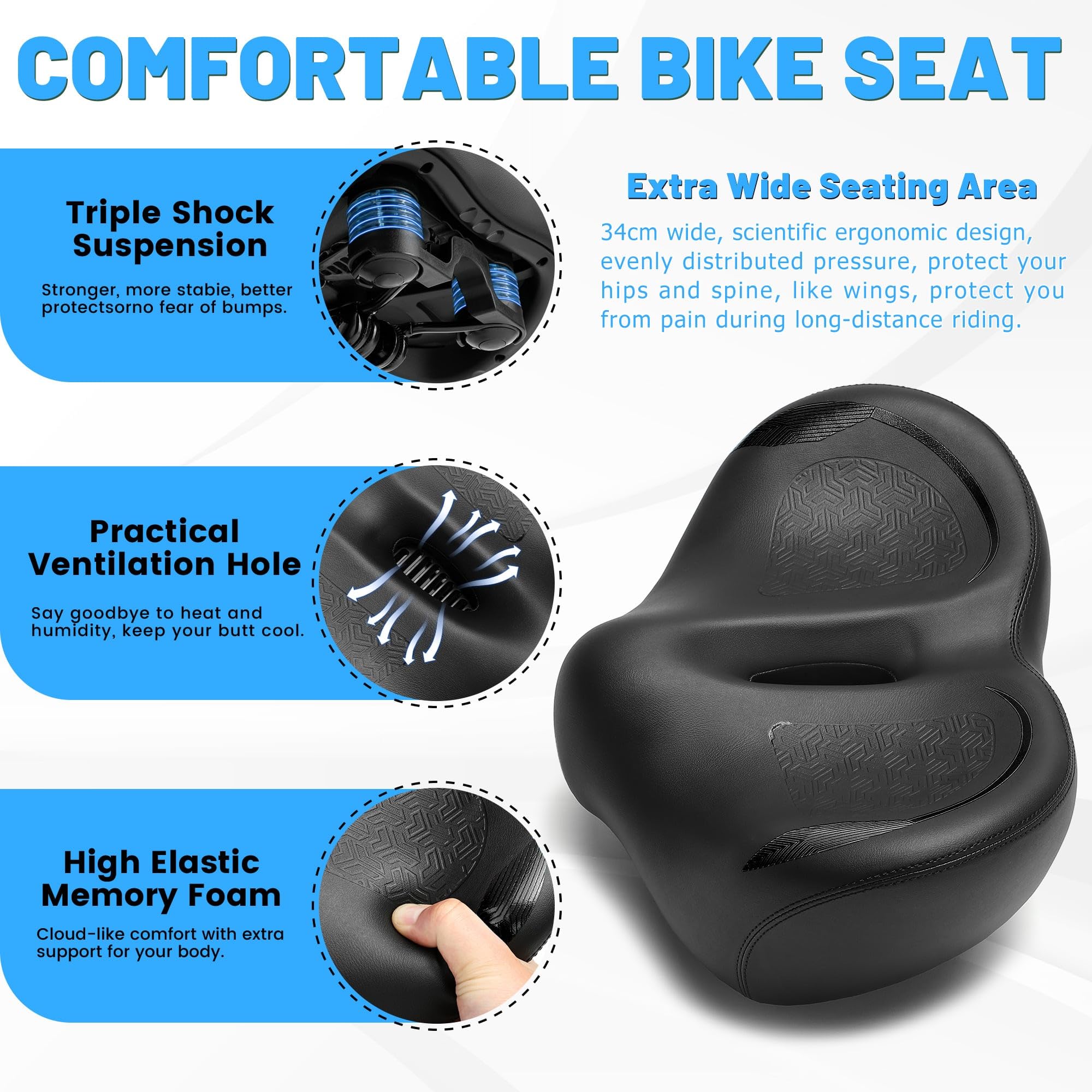 Selle De Vélo Extra Large Confort Homme/femme - Suspension Intégrée - Cuir Synthétique Imperméable - Pour VTT, Ville, Ebike
