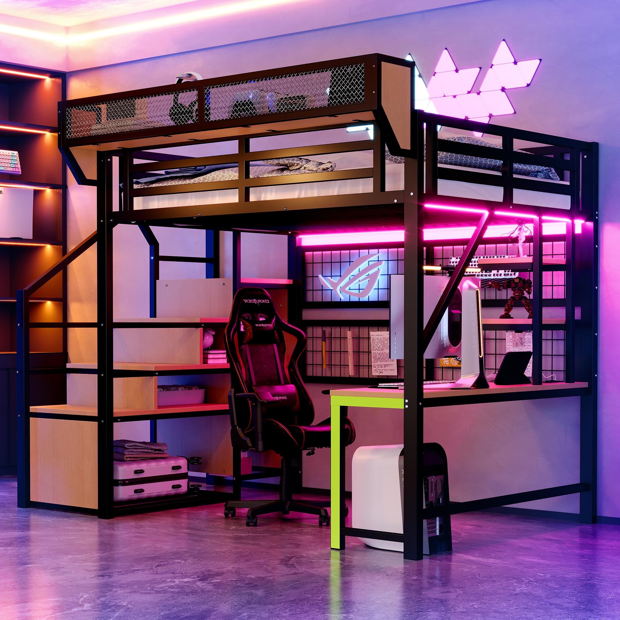 Sapgaks Lit Mezzanine 2 Places 140x200 avec LED et USB, Lit Enfant en Métal avec Bureau et étagère de Rangement Amovible, Lit Mezzanine Enfant avec échelle sécurisée, Lit 140x200 avec Rambarde, Noir