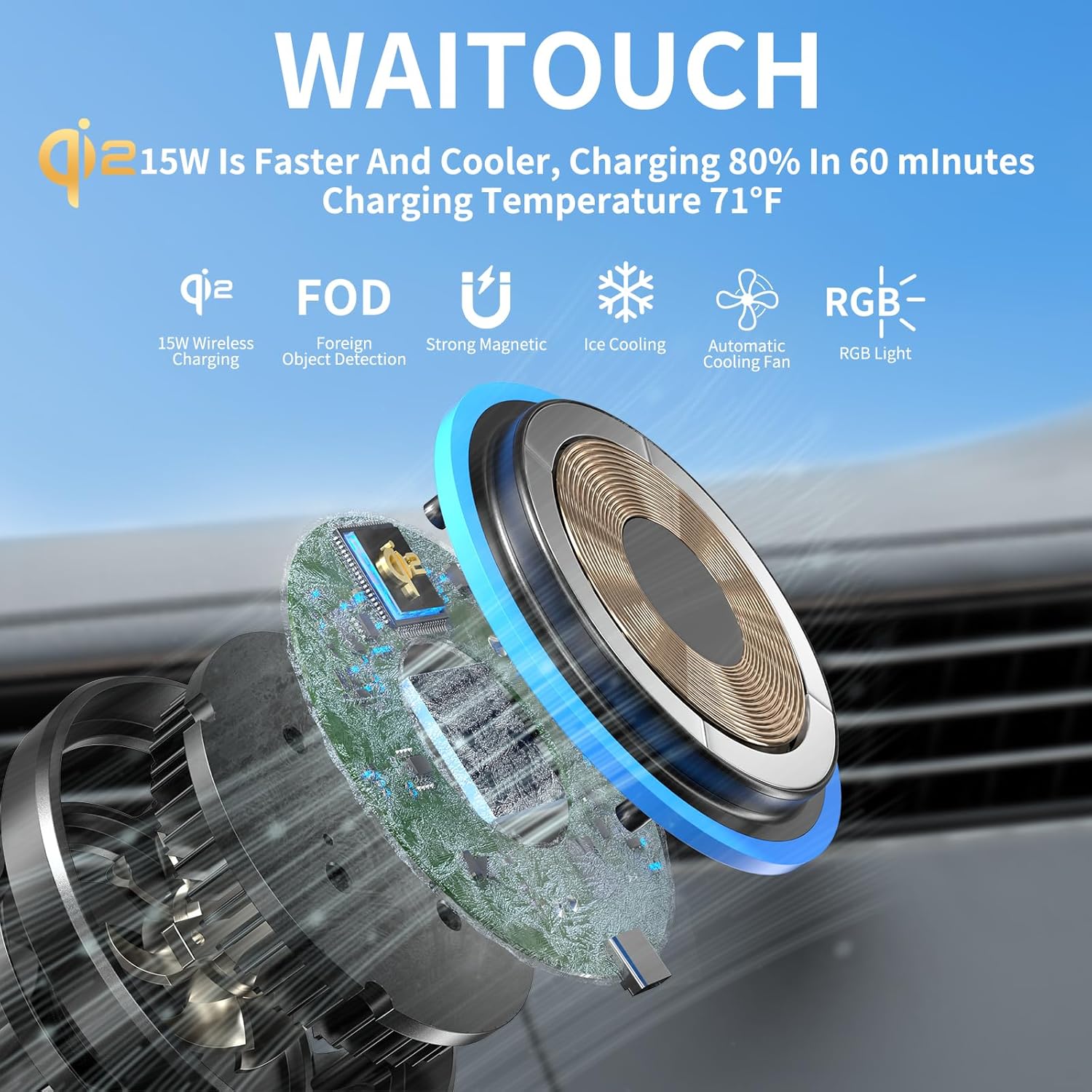 Qi2 15W Wireless Car Charger Mount[Fastest Charging Speed] Car Charger for iPhone 16/15/14/13/12 Pro Max/Mini and Others Phone, ice Cooling Charging, Phone Cooler for Car, with Air Vent Holder
