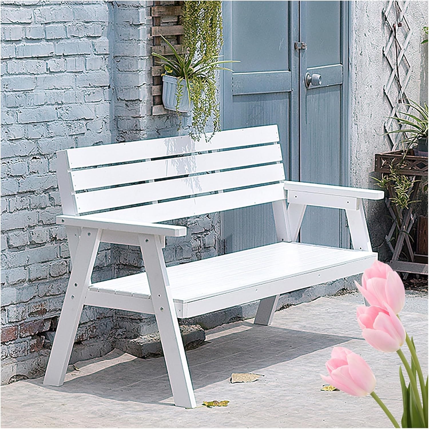 Garden Bench, Patio benches for outdoors, 2/3-Person Solid Wood Park Bench with Backrest and Wide Armrest, Slatted Seat, 500 Lbs Weight Capacity, Patio Seating Bench for Porch, Backyard, Poolside ( Co