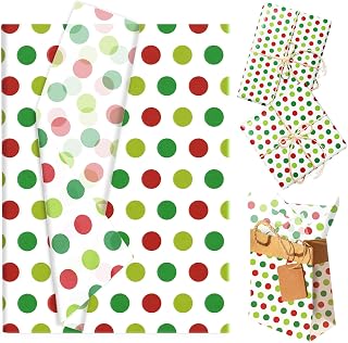 50 Sheets Christmas Tissue Paper, Red Green Dots Gift Wrapping Paper, 14 x 20 Inch Art Craft Pad for DIY Winter Xmas New Year Party Decor, Gifts Packaging, Gifts Bag Filling, Papers Fan Flower Making