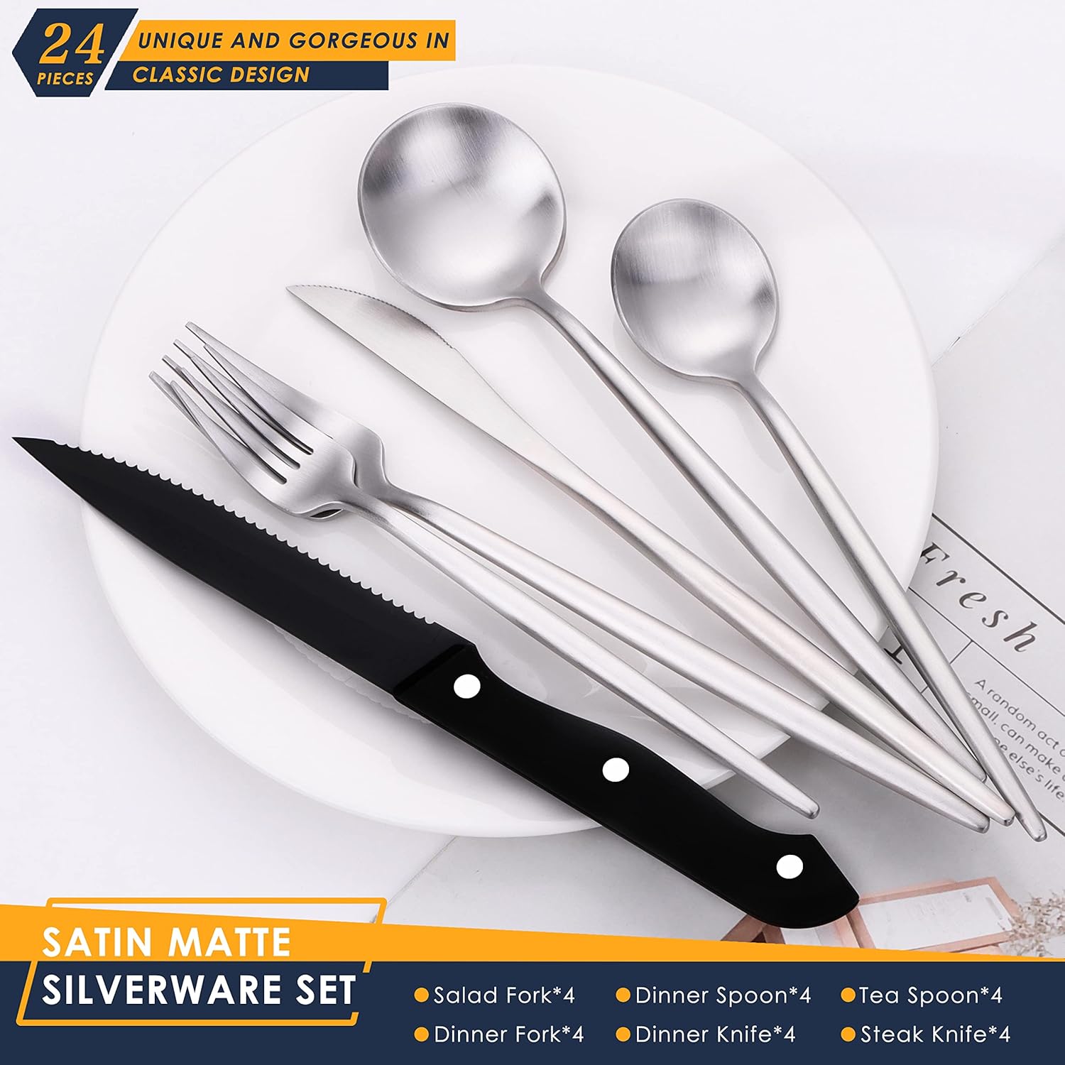 Stapava 24 Pieces Matte Silverware Set with Steak Knives, Stainless Steel Flatware Cutlery Set for 4, Kitchen Utensil Set Include Spoons Forks Knives, Satin Finished Polished, Dishwasher Safe
