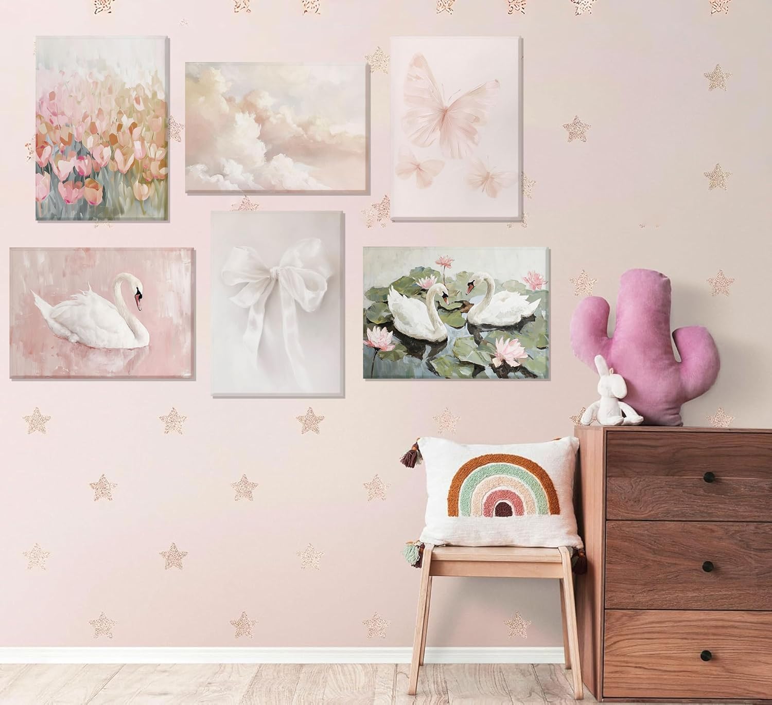 6Pcs Coquette Wall Art Pastel Pink Trendy Canvas Bow Posters White Swan Preppy Painting Butterfly Pictures Aesthetic Floral Prints Nursery Wall Decor for Teen Girls Bedroom College Dorm Framed