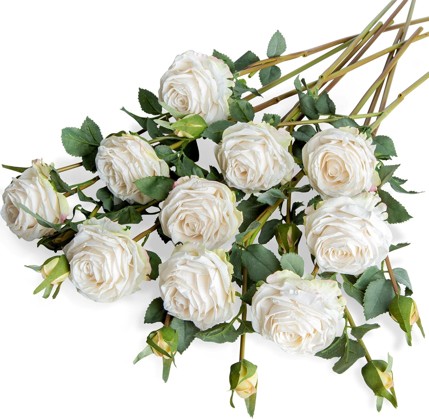 XONOR Artificial Rose Flowers Realistic Silk Burnt Edge Vintage Rose with Long Stem for Home Bridal Wedding Party Floral Bouquets Decoration (10Pcs, White)