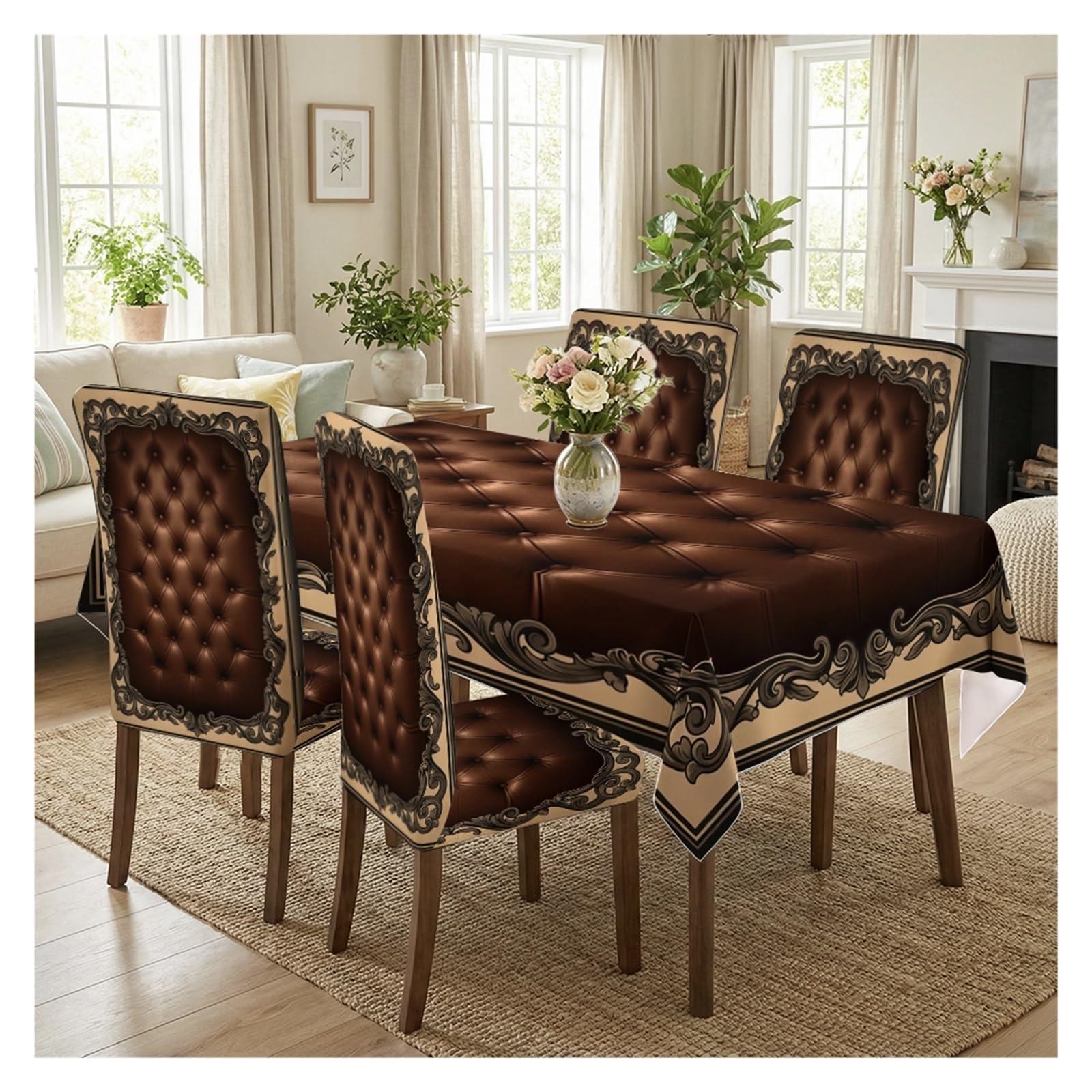 Luxury Vintage Brown Tufted Baroque Tablecloth And Chair Covers Set, Stretch Slipcovers For Formal Dining Room Banquet Gothic Home Decor, 5/7 Pack Party Decor(5pcs Set: Tablecloth+Chair Covers)