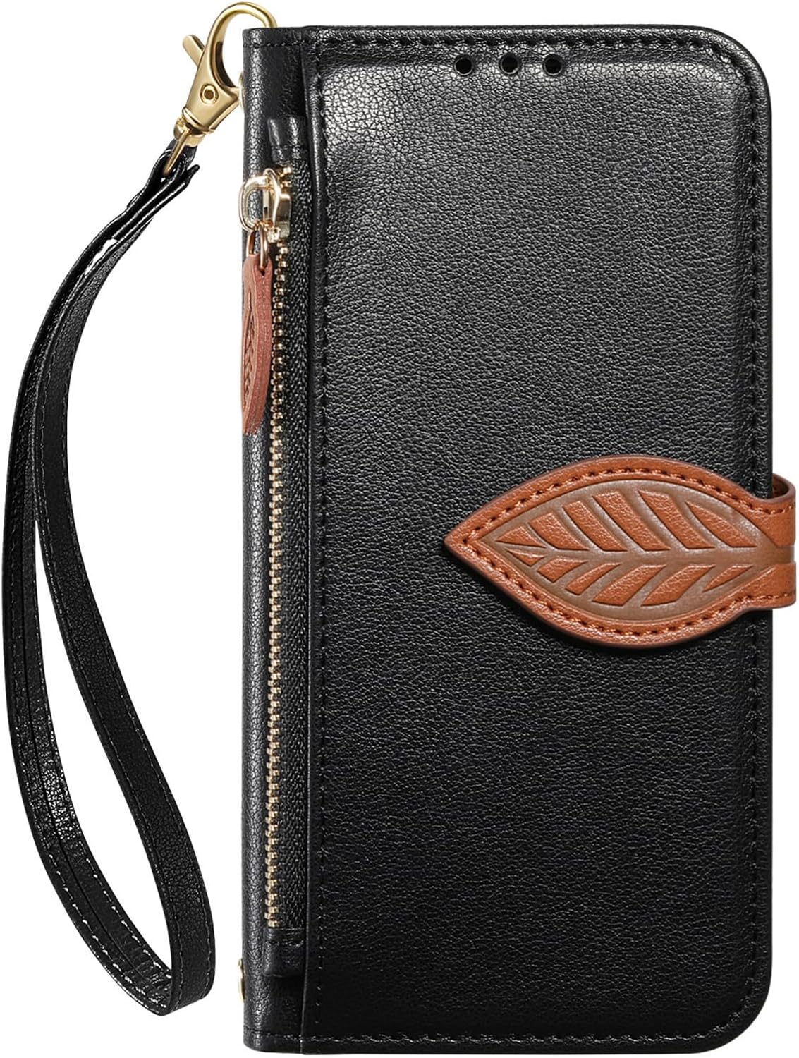 Wallet Flip Case for Google Pixel 9 Pro XL, with Card Slots, Zipper Pocket, Leaf Design, Detachable Wrist Strap, Shock Absorption Black.