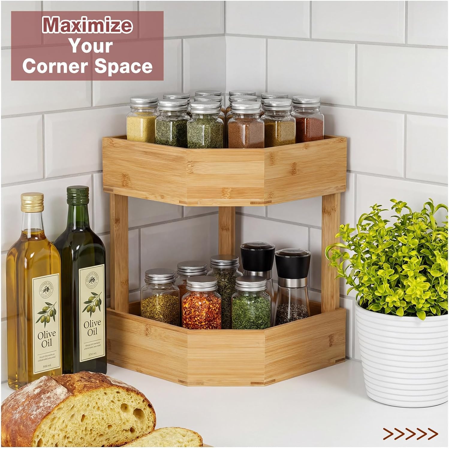 Yerliker 2 Tier Bamboo Corner Shelf Kitchen Fruit Cabinet Organizer Bamboo Corner Fruit Basket for Kitchen Countertop Space Saving Rack Counter Pantry Storage for Vegetables Spice Bottles Plates