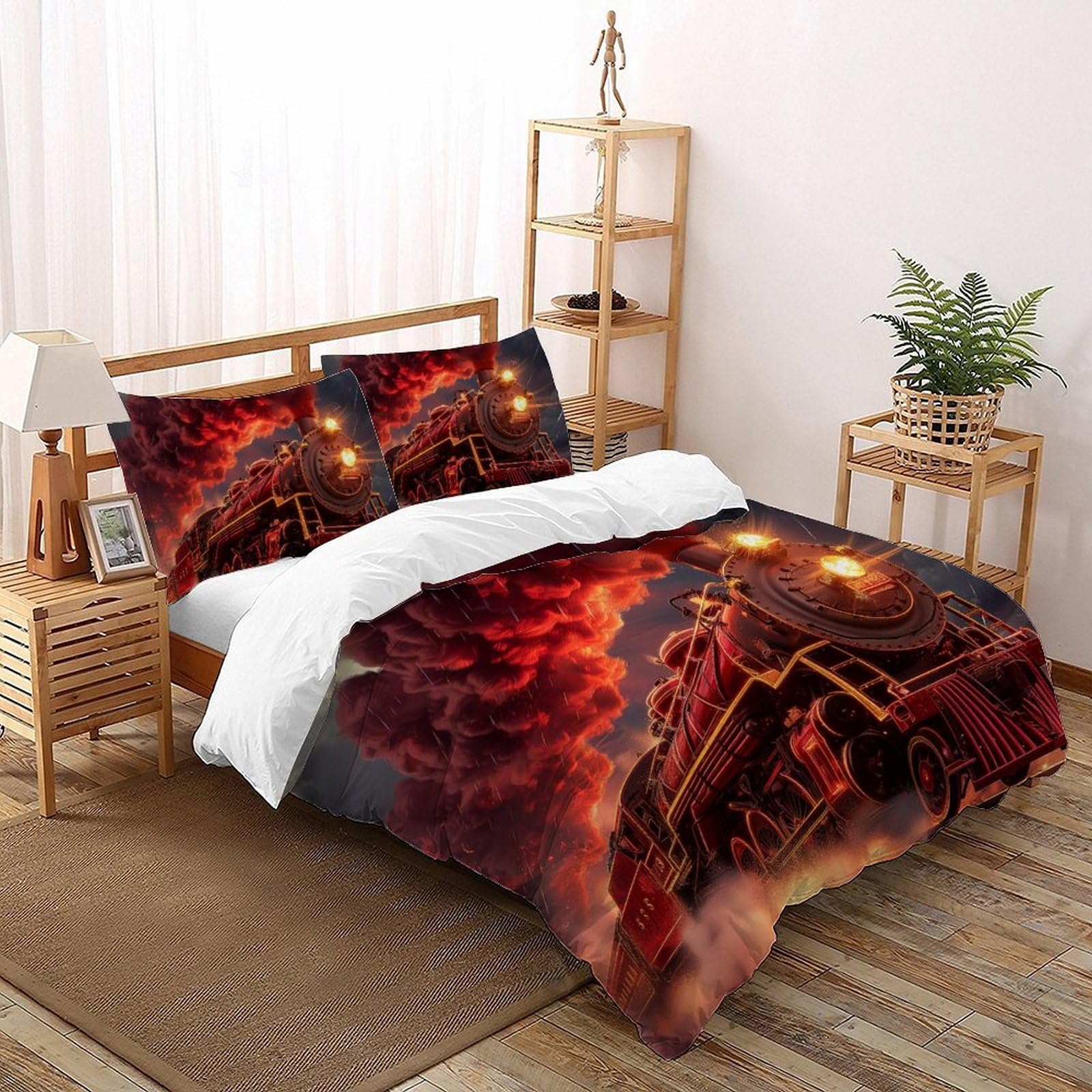 Housse de couette train rouge ensemble 3 pièces garçon taie oreiller super king 260x220