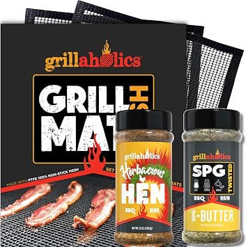 Grillaholics Mesh Grill Mat with Herbacious Hen & SPG + Butter Rubs Nonstick Reusable BBQ Mesh Mats for Gas, Charcoal & Electric Grills Seasonings for Chicken, Veggies & Seafood Grilling Gift Se