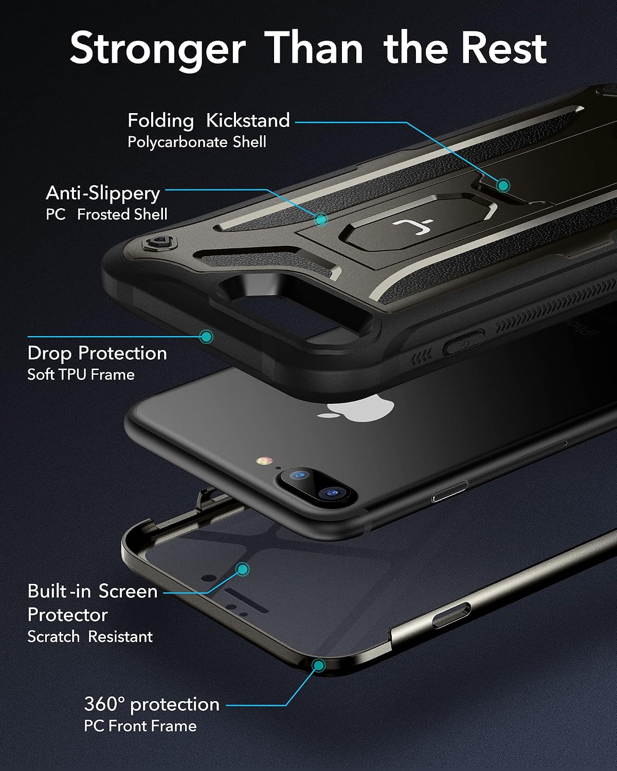 YOUMAKER iPhone 8 Plus Case, iPhone 7 Plus Case, Built-in Screen Protector Kickstand Full Body Heavy Duty Shockproof Cover for iPhone 8 Plus & iPhone 7 Plus 5.5 inch - Gun