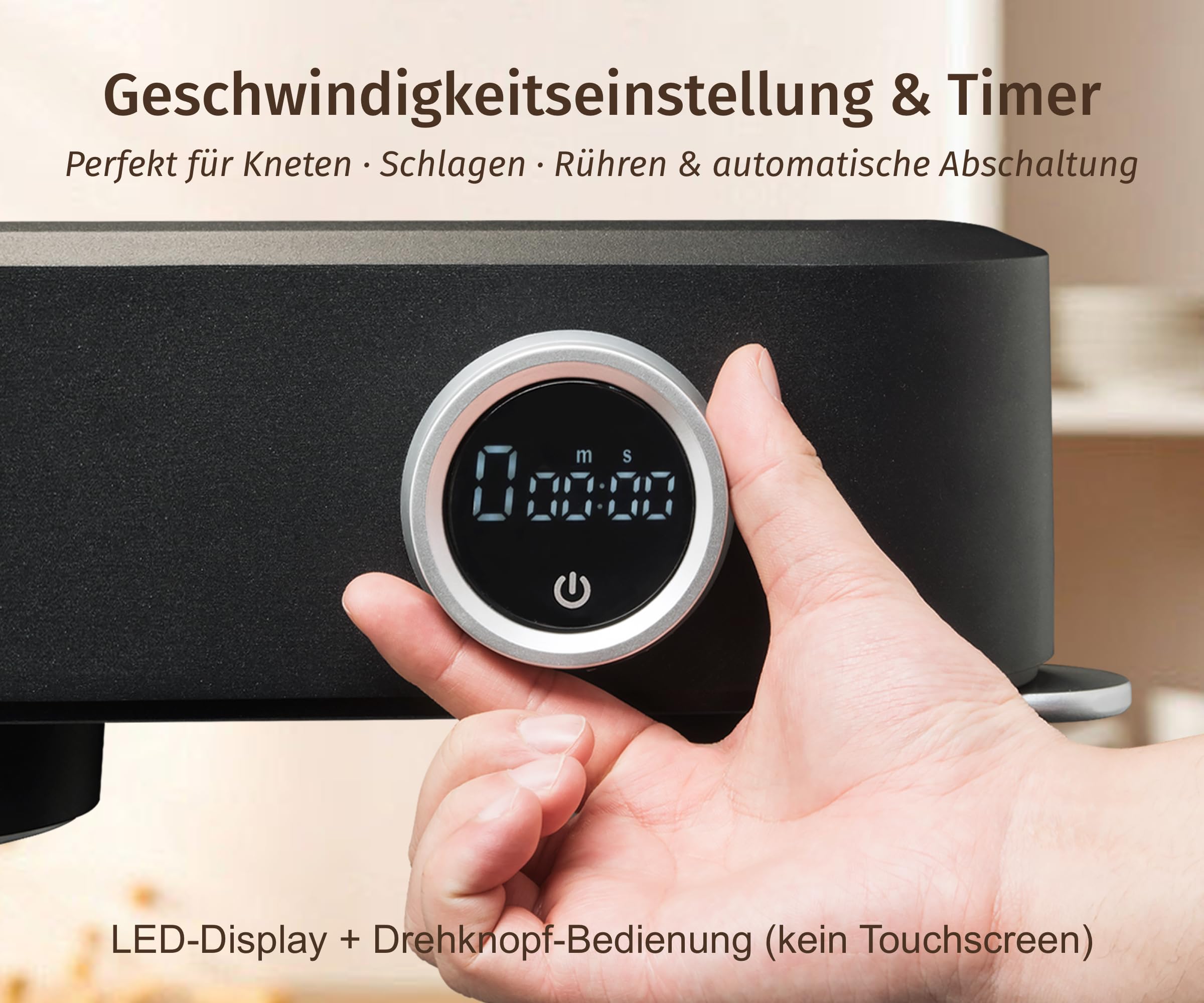 Küchenmaschine, Knetmaschine für Brotteig,Ganzmetallgehäuse,8 Stufen mit Timer,5 L Schüssel, 4 Edelstahl-Aufsätze (Schwarz)