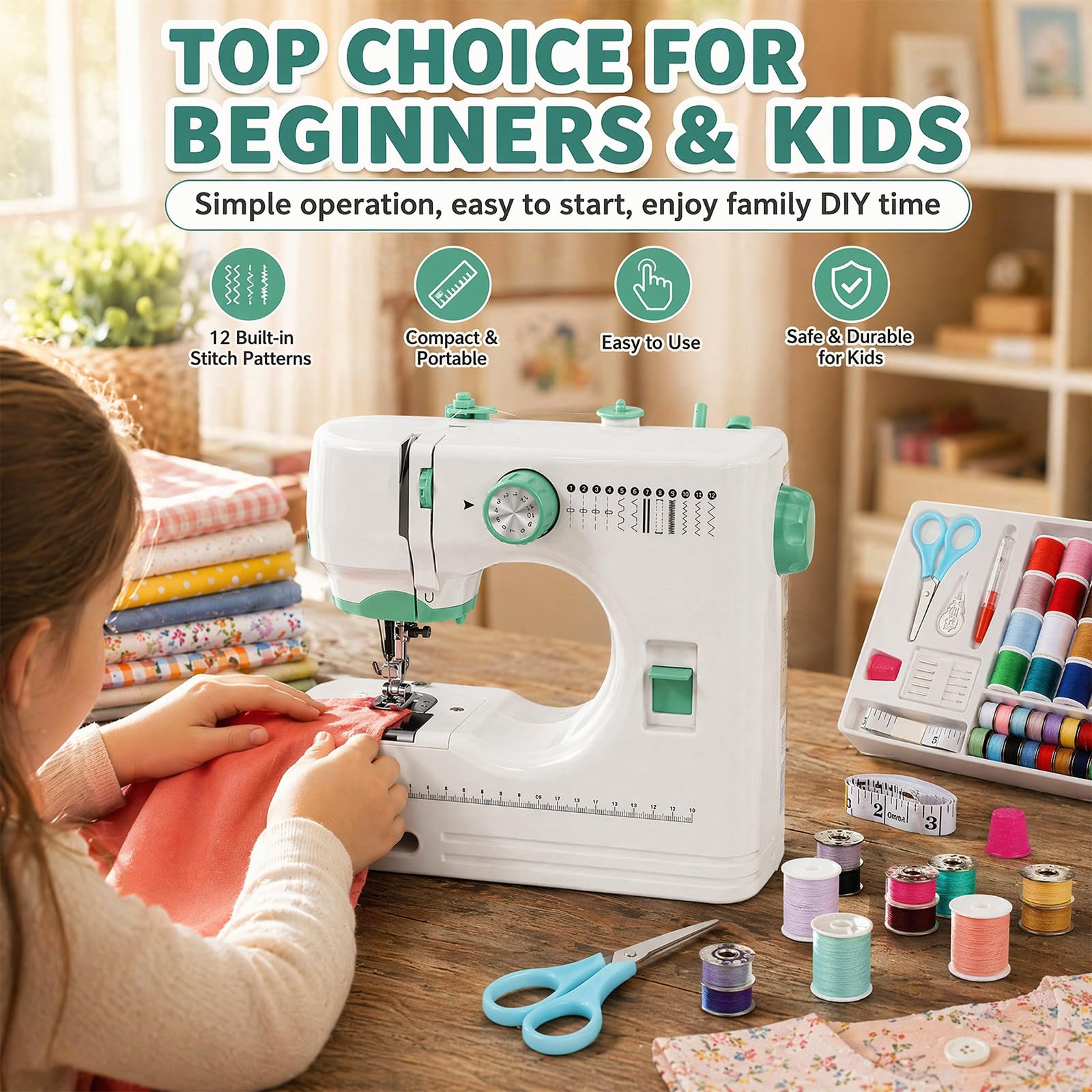 Maquina de Coser Portátil, Mini Maquina de Coser para Principiantes con 12 Puntadas de Costura y Accesorios de Costura, Ideal para Principiantes y DIY