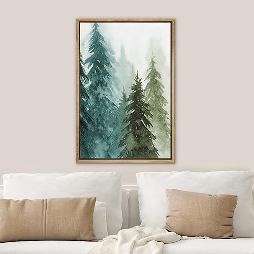 Miniatura 3 de SIGNWIN Lienzo enmarcado para pared, decoración de guardería de bosques, acuarela, verde y verde azulado, bosque, pinos, ilustraciones de naturaleza