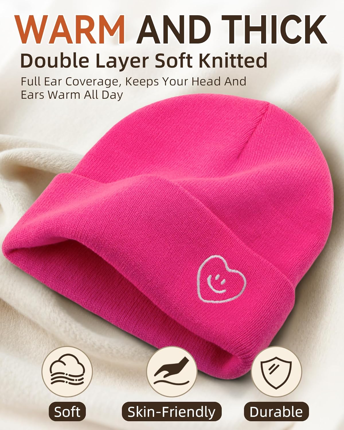 Beanie for Women Men Winter Knit Hats Soft Warm Cuffed Beanie with Smile Face - Image 2