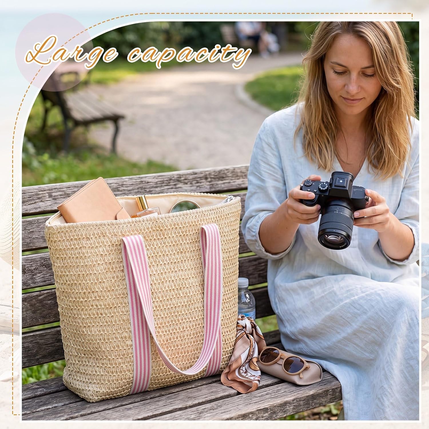 Eccliy Large Straw Beach Tote Bag for Women Summer Beach Tote Bag Foldable Shoulder Handbag with Zipper Boho Style Weaving Bags Stripes Woven Straw Bags for Shopping Travel Vacation, Lightweight