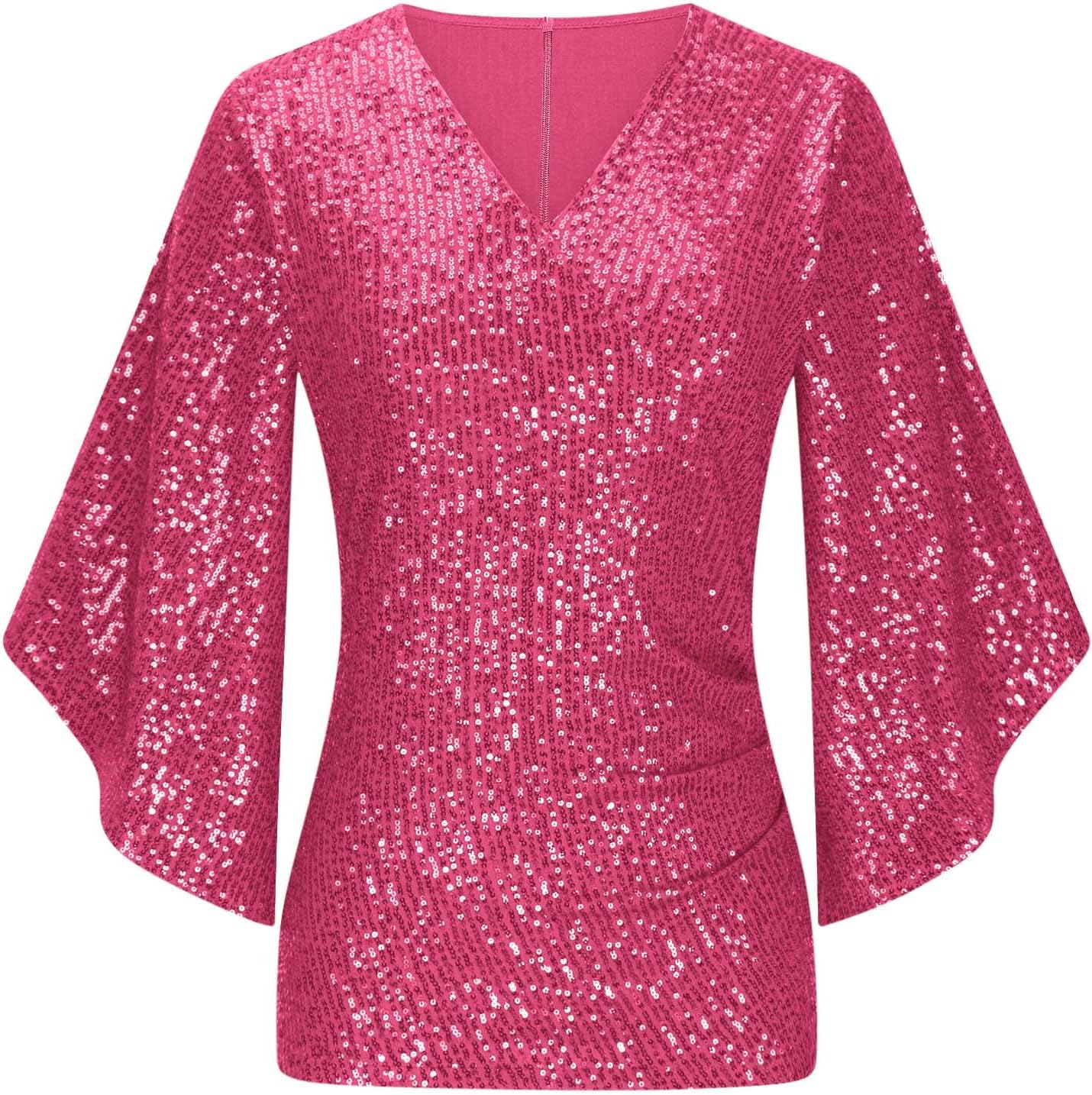 Women's V Neck Loose Tops Sequin Sparkly Glitter Party Shirts Baggy 3/4 Dolman Sleeve Chiffon Blouses 2026 Dressy