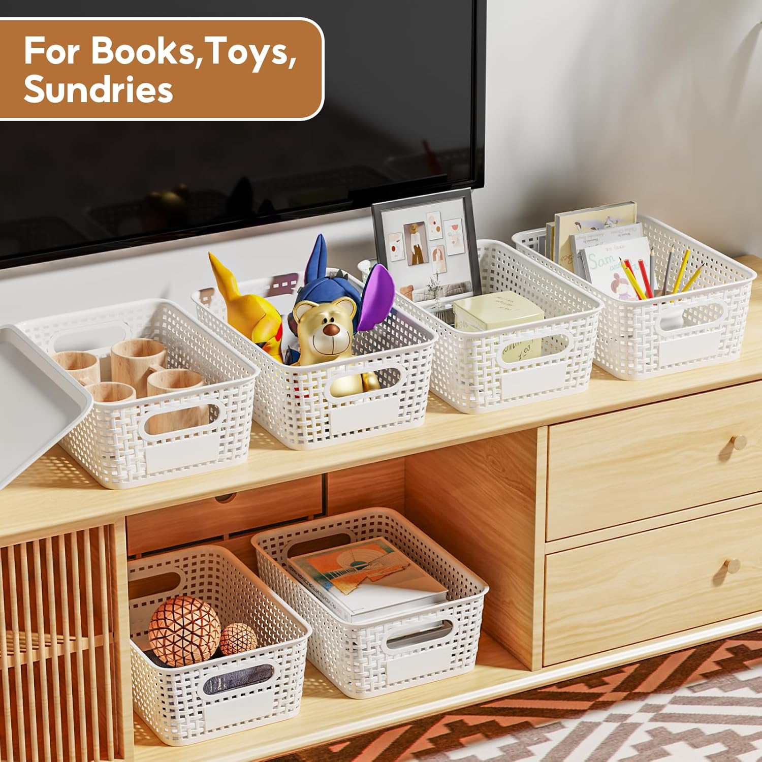 8 PCS Plastic Storage Baskets with Lids, Stackable Storage Bins with Lids & Labels for Organizing, Small Storage Bins for shelves, Office, Drawer, Cabinet & Pantry,Nursery Organization,10.2*7.2*4.1In