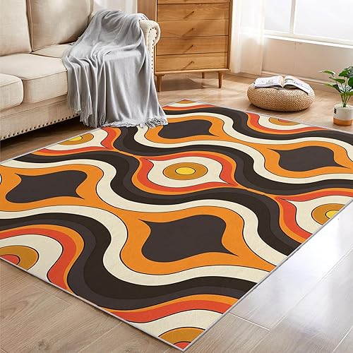 Mid Century Modern Rugs for Home Decor, 5x6 ft, Retro 70s Swirl Area Rugs for Living Room, Soft Non Slip Washable Abstract Groovy Carpet Bedroom