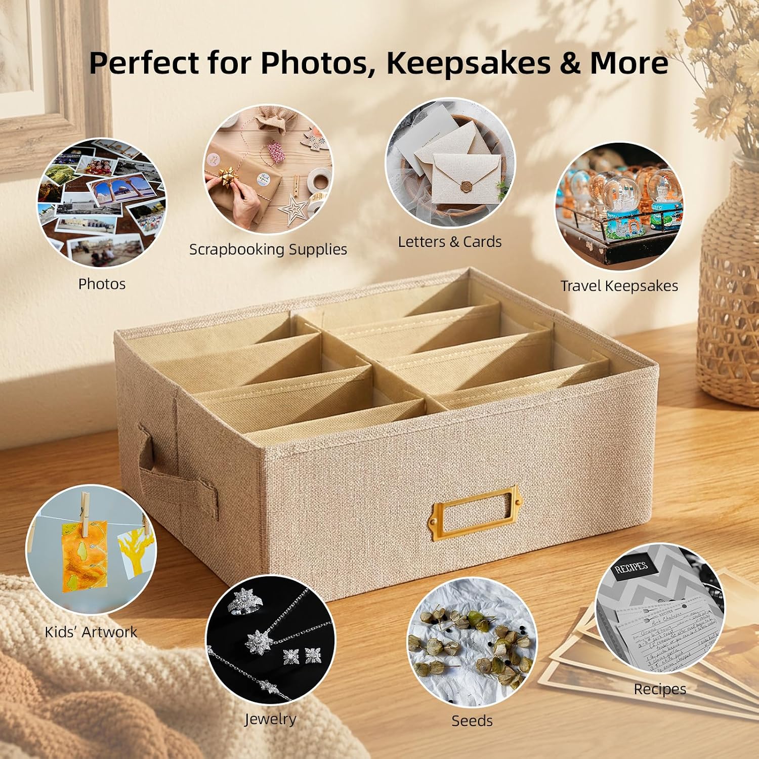 Linen Photo Storage Box with Adjustable Hook and Loop Dividers, Holds 1700 4"x6" Photos, Collapsible Picture Organizer with Handle and Label Stickers, Memory Keepsake Box for Women, Beige