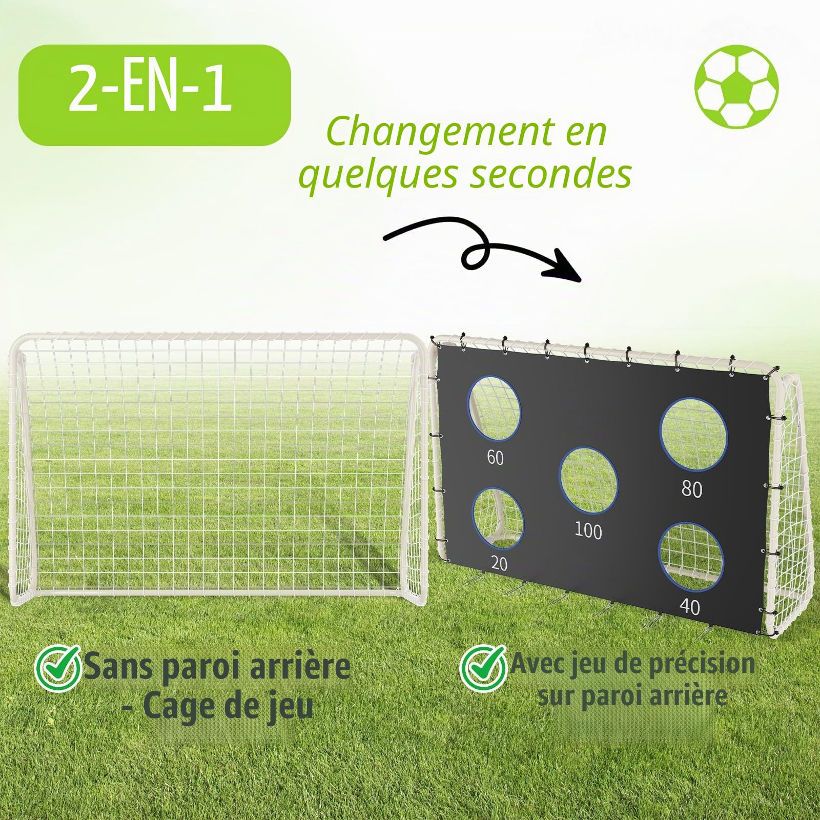 But de football 240 cm x 170 cm avec mur de tir, filet et piquets pour enfant